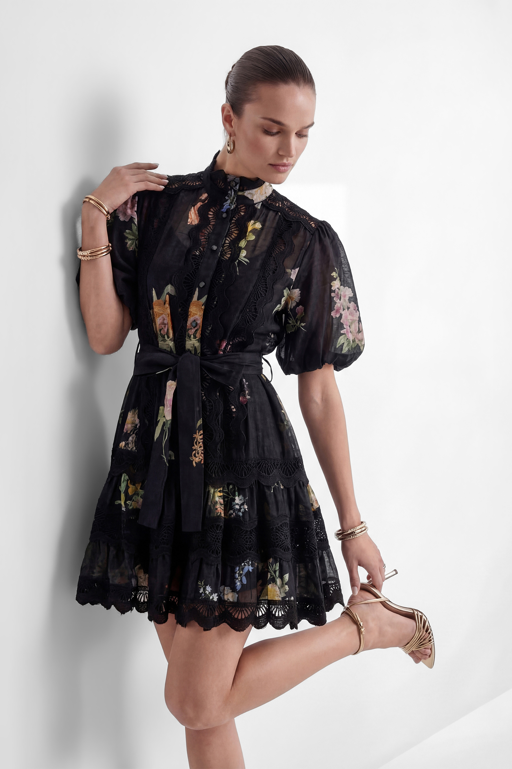 Radiance In The Dark Black Floral Print Lace Trim Mini Dress-purelyfable