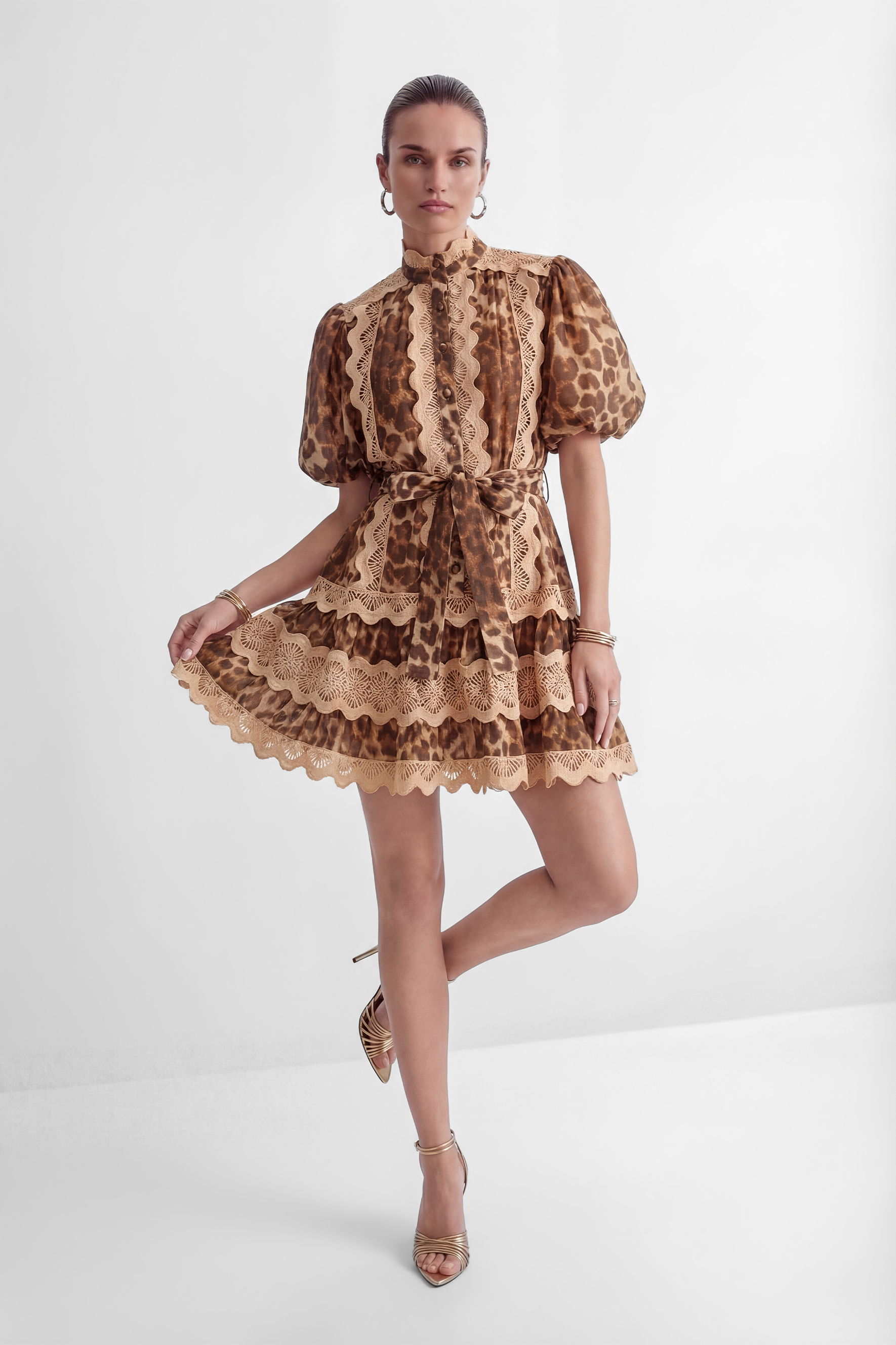 Excellent Mood Brown Leopard Print Lace Trim Mini Dress-purelyfable
