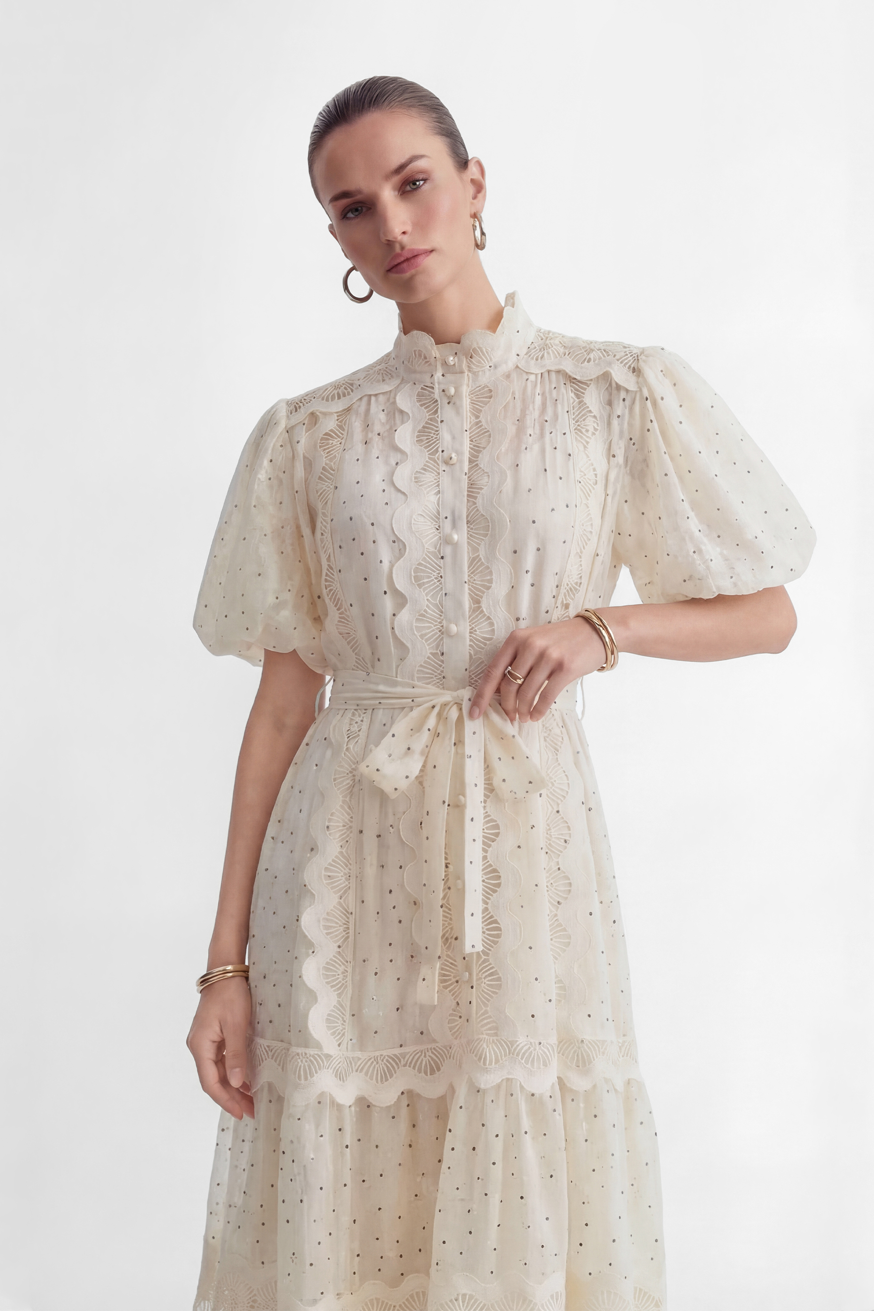 Momentous Love Beige Lace Trim Polka Dot Maxi Dress-purelyfable