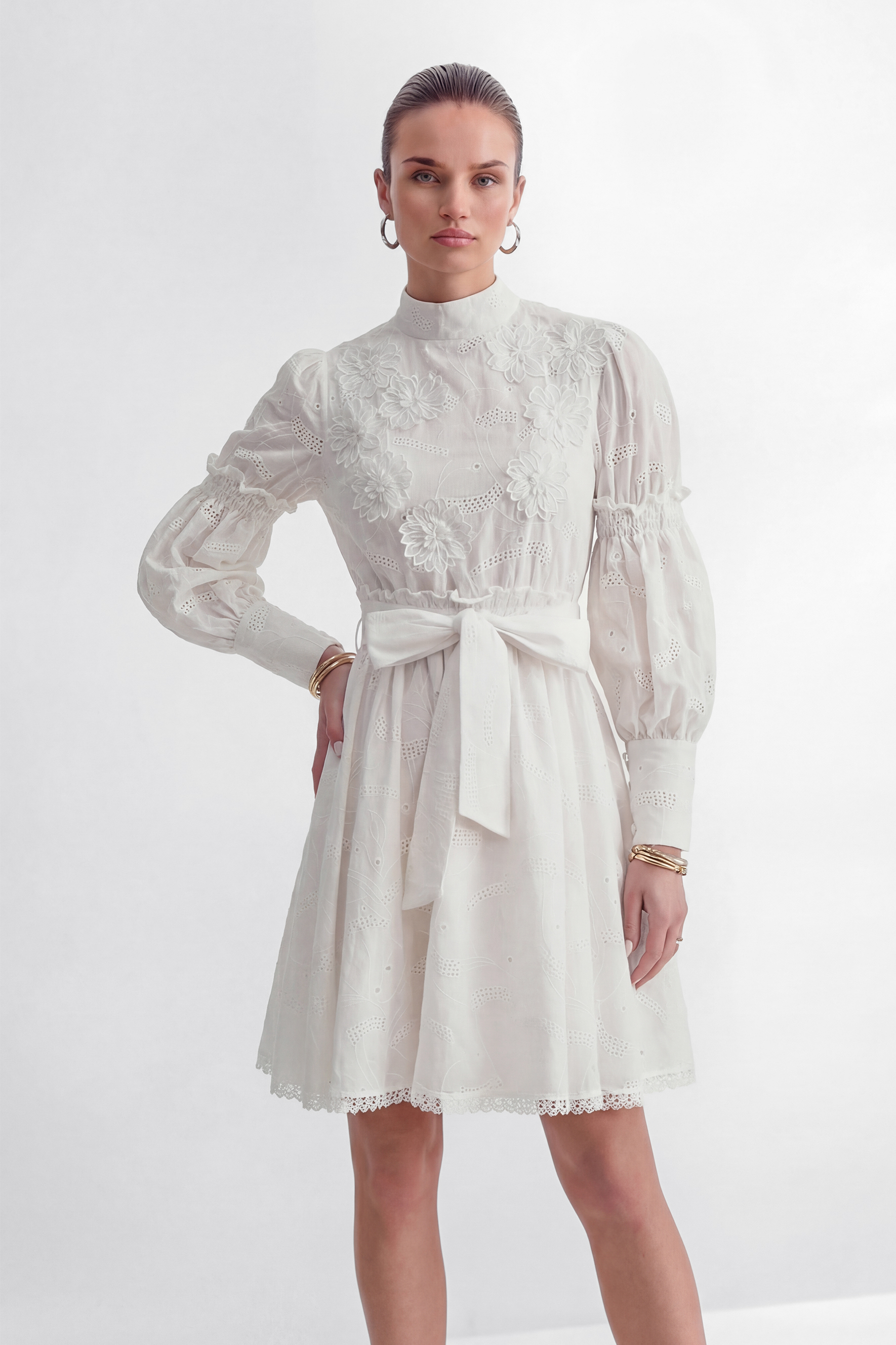 Loveliest Looks White Floral Embroidery Belted Mini Dress-purelyfable
