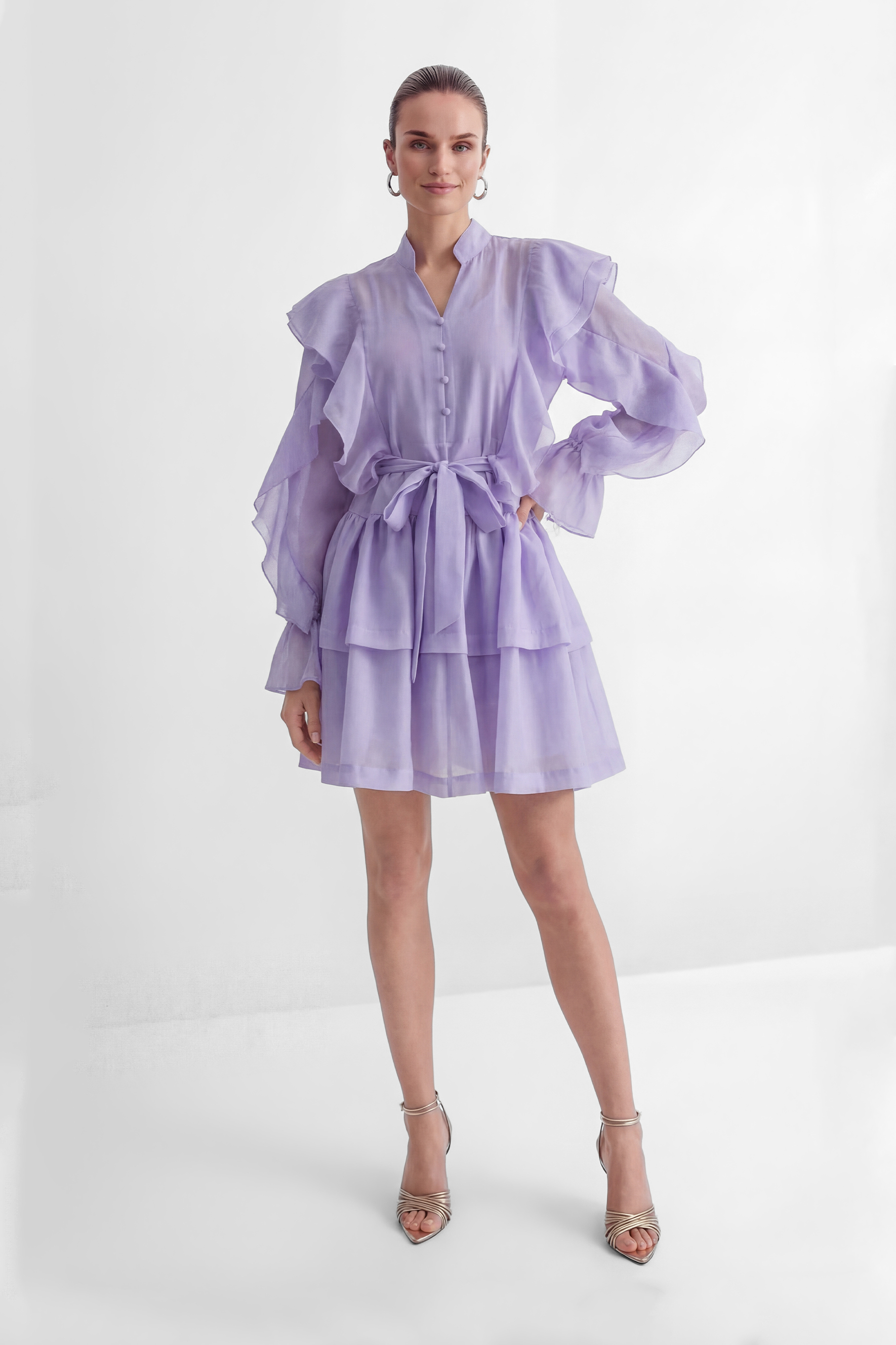 Soul Searching Lavender Ruffle Sleeve Tiered Mini Dress-purelyfable