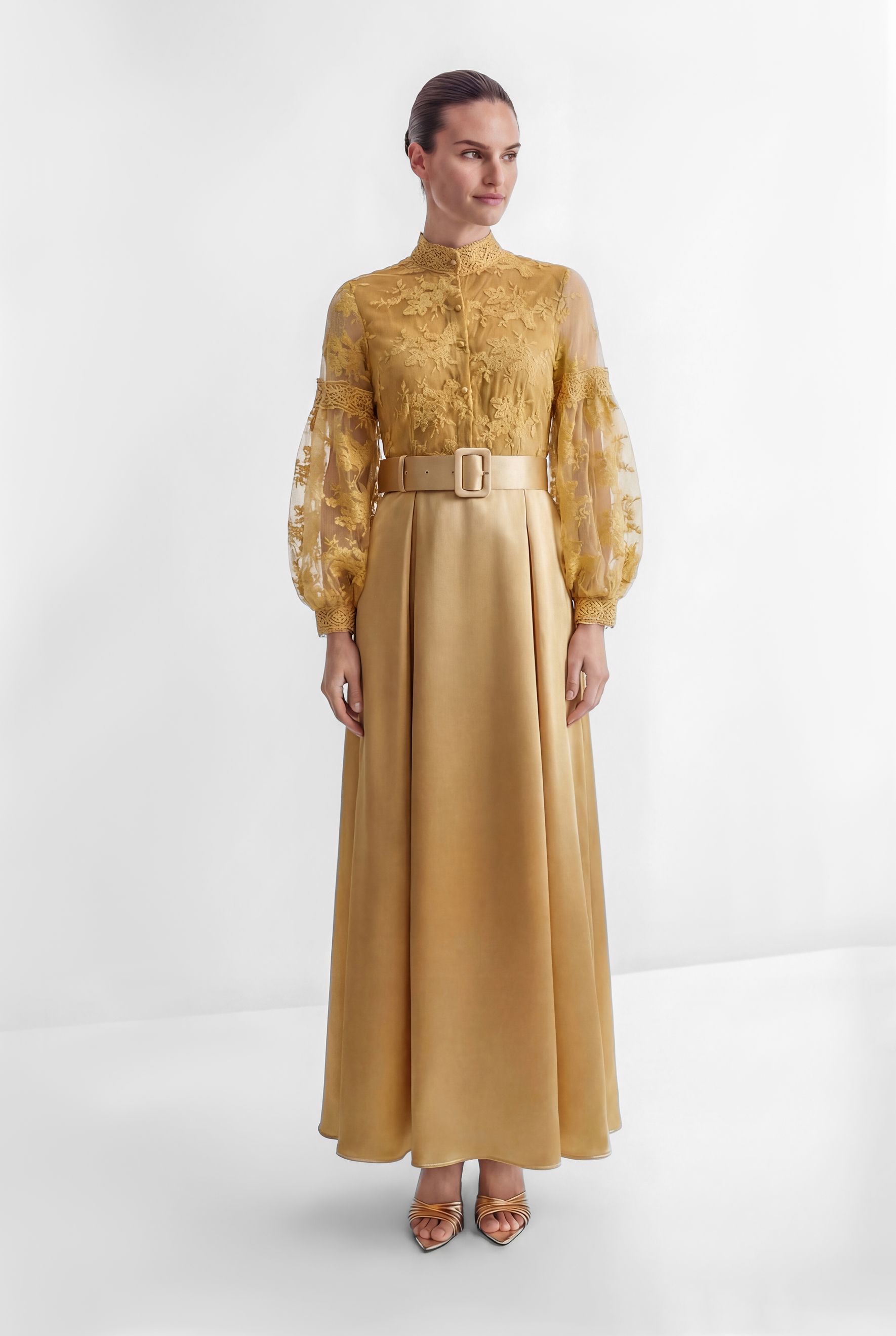 Perfectly Flirtatious Yellow Sheer Lace Sleeve Maxi Dress-purelyfable