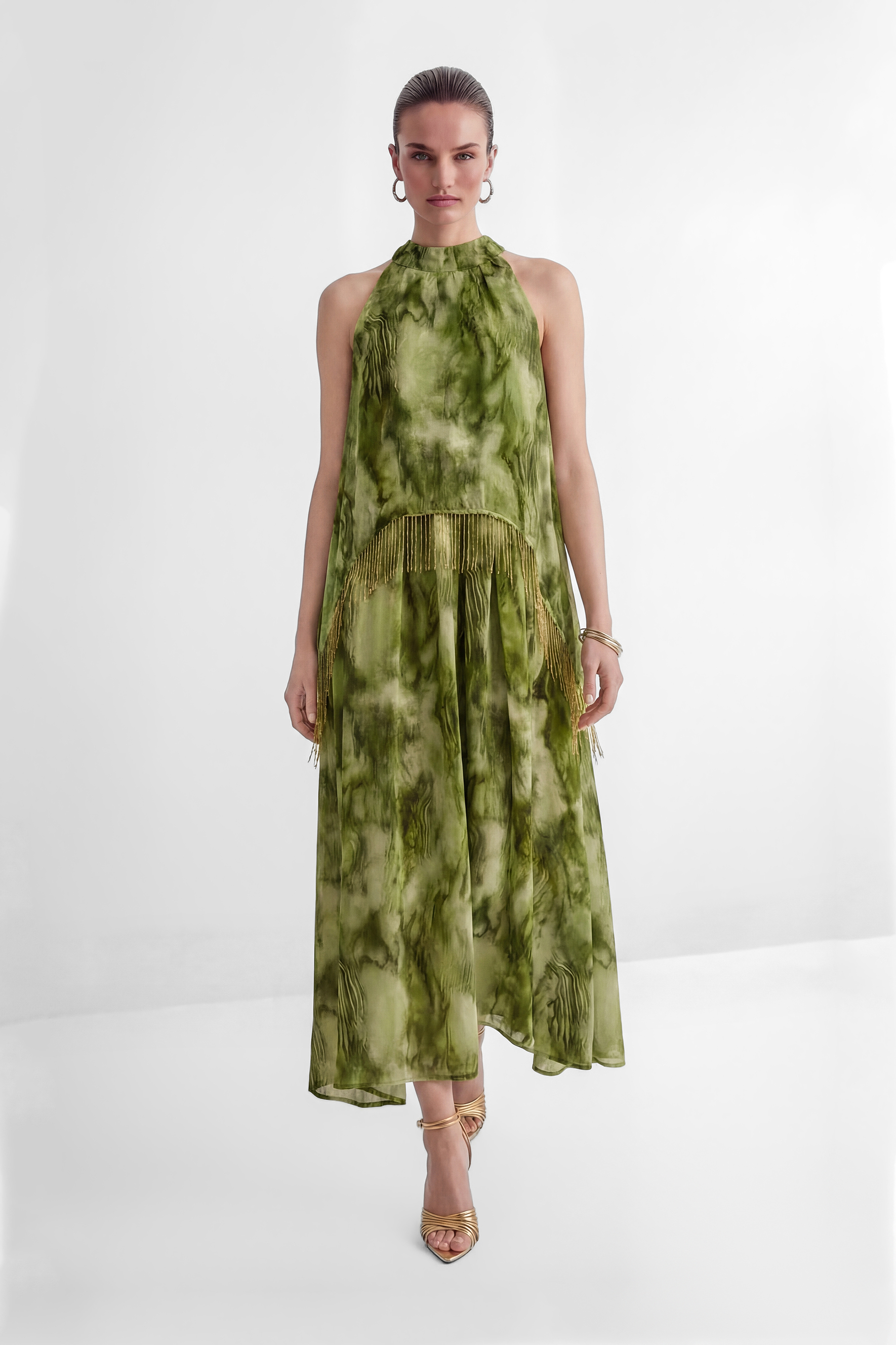 Pure Reverie Green Halter Neck Fringe Maxi Dress-purelyfable