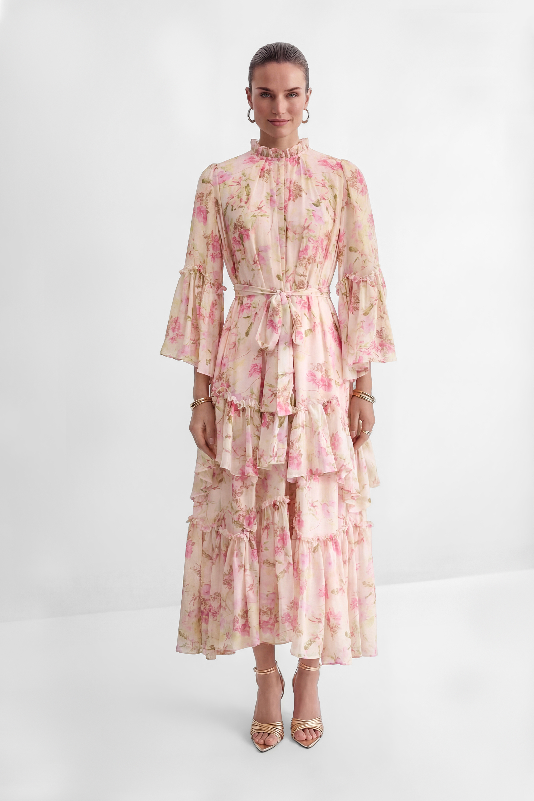 Dreamy Occasions Pink Floral Print Tiered Ruffle Maxi Dress-purelyfable