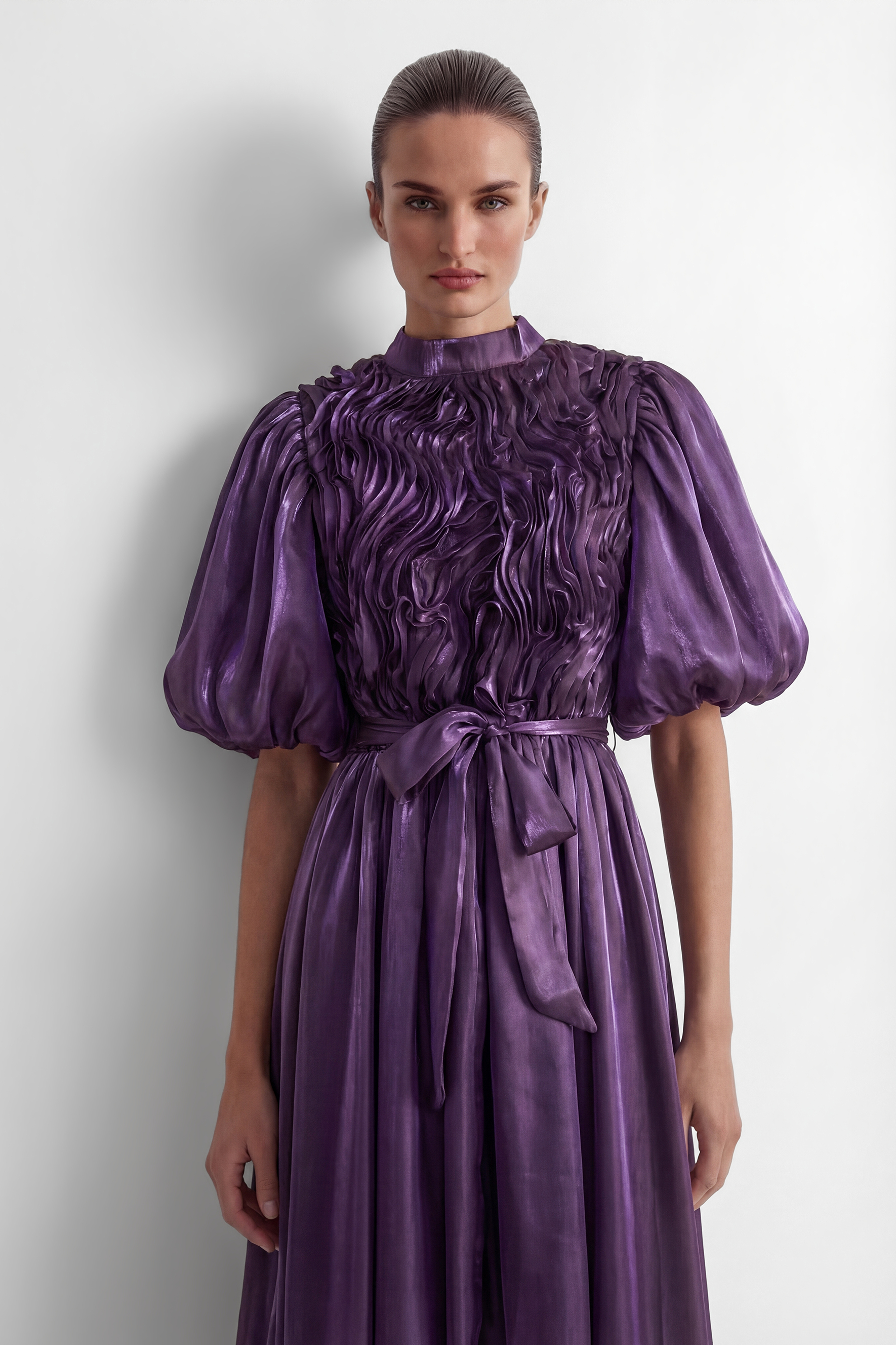 Graceful Darling Purple Ruffled Bodice Puff Sleeve Maxi Dress-purelyfable