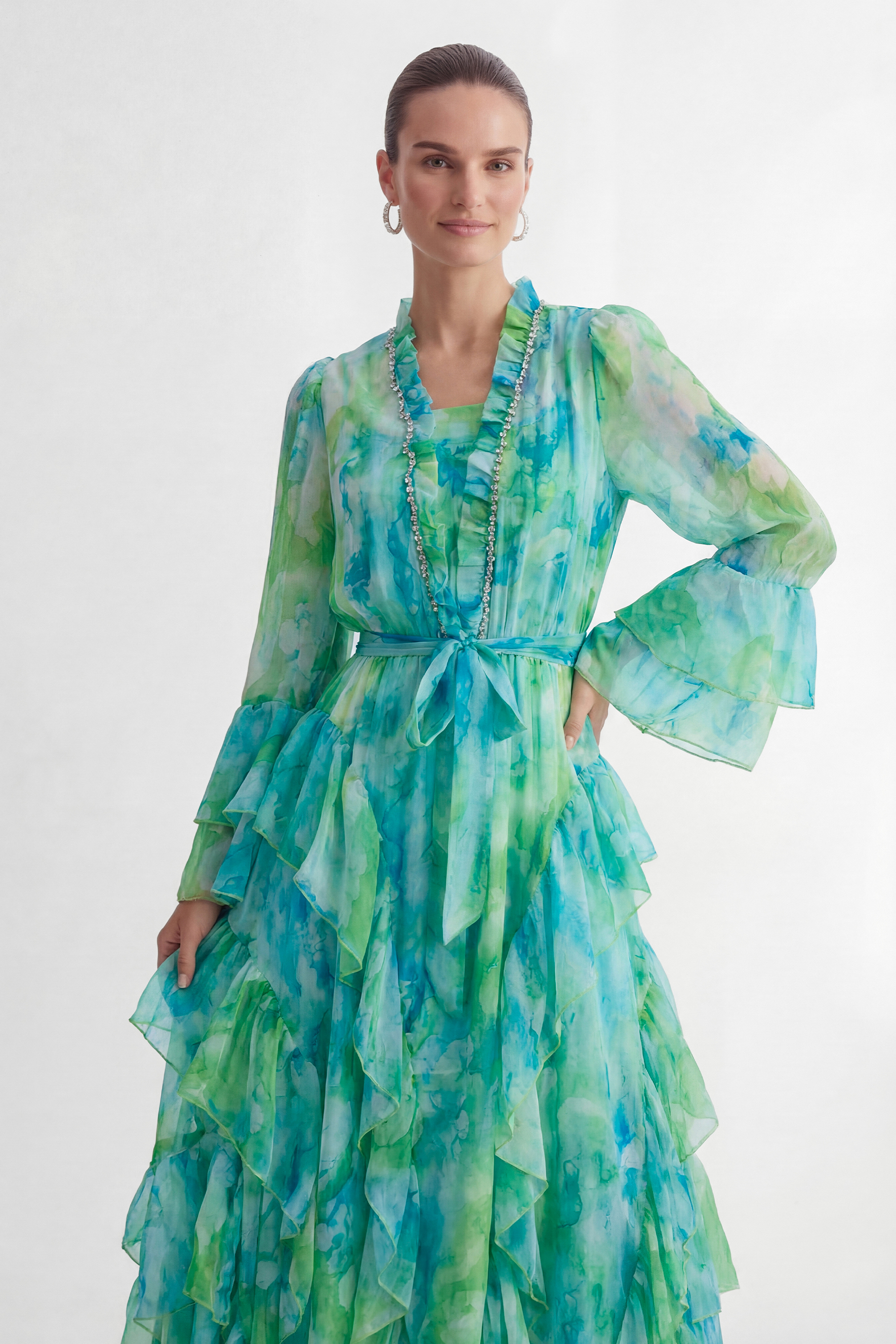 Vibes On Point Mint Green Abstract Print Tiered Ruffle Maxi Dress-purelyfable