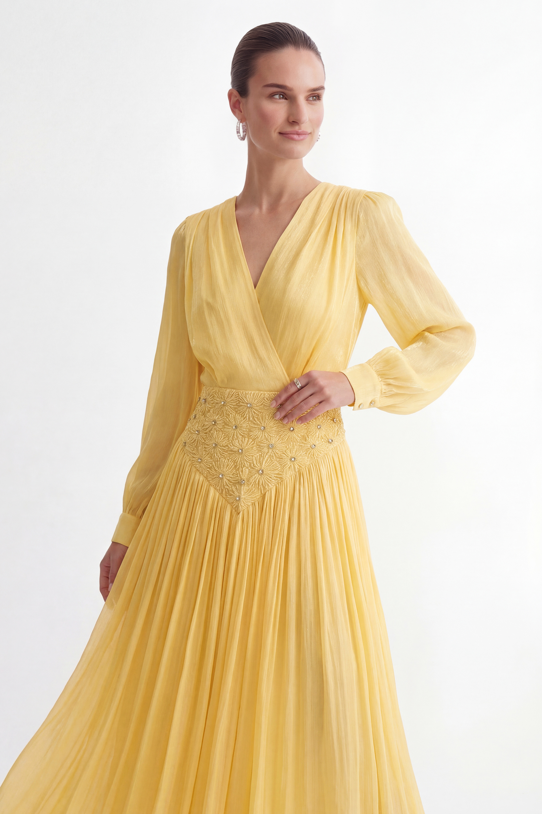Exceptionally Pristine Yellow Beaded Embroidered V-Neck Maxi Dress-purelyfable