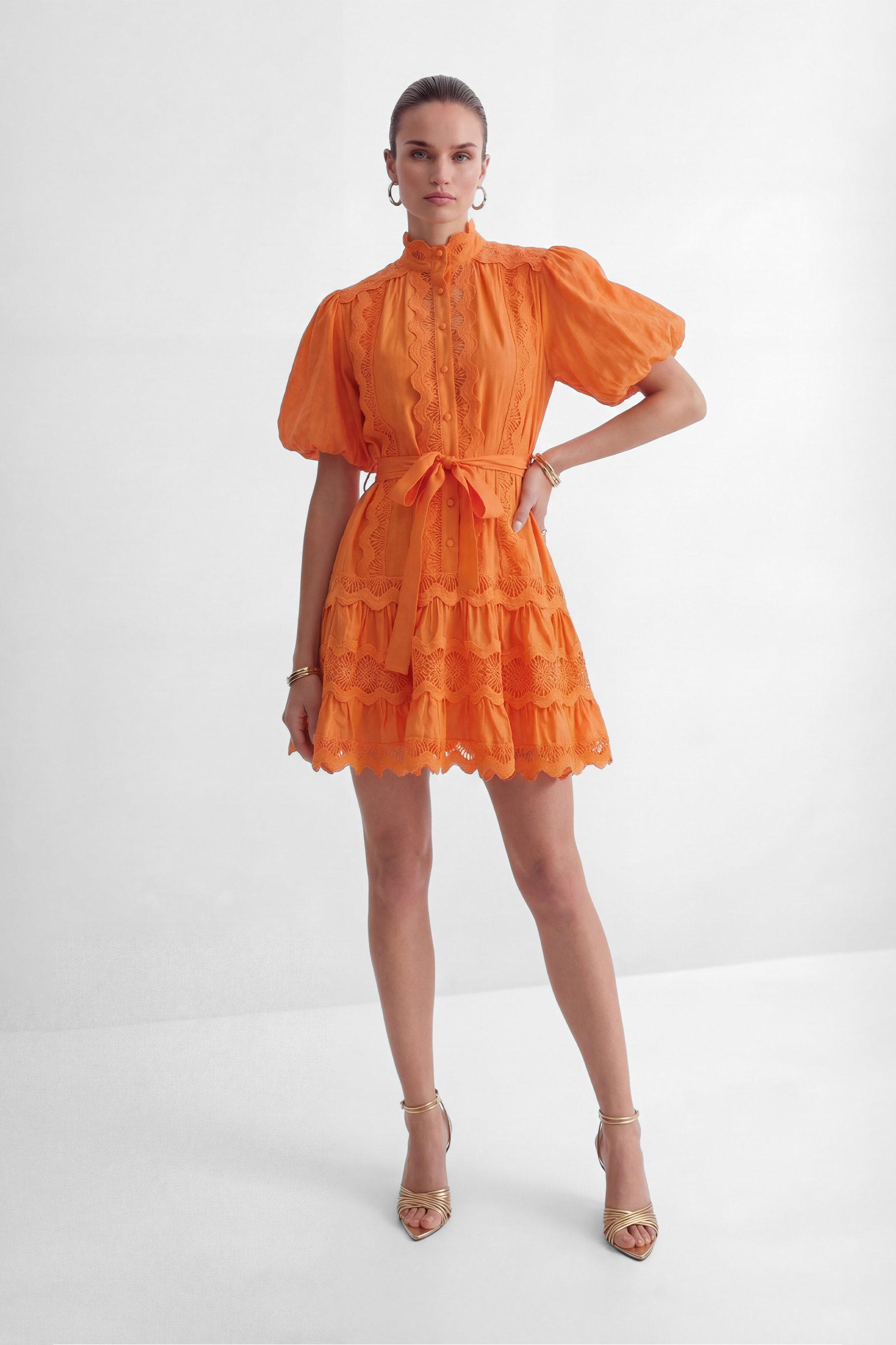 Gorgeous Essence Orange Lace Trim Tiered Mini Dress-purelyfable