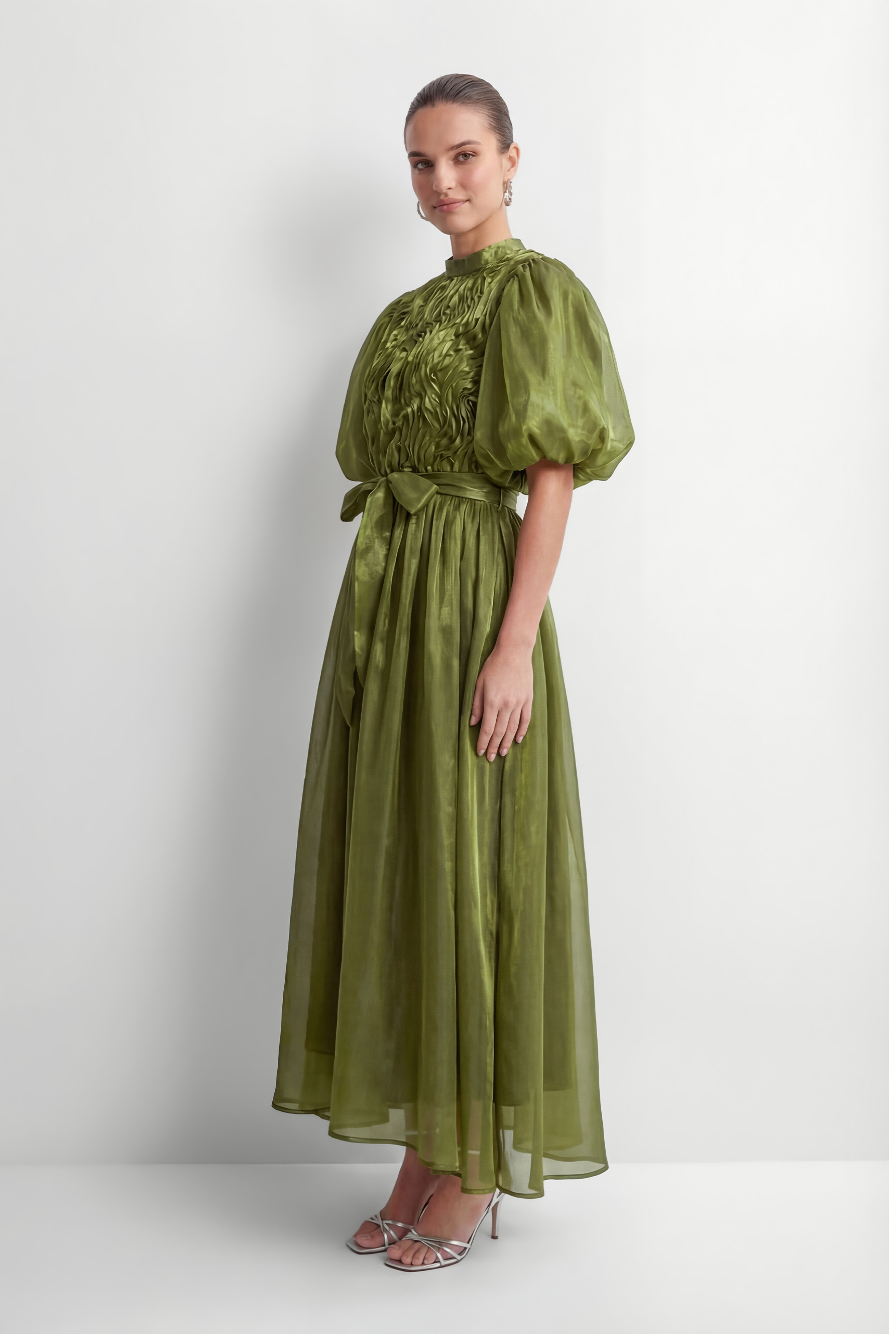 Graceful Darling Green Ruffled Bodice Puff Sleeve Maxi Dress-purelyfable