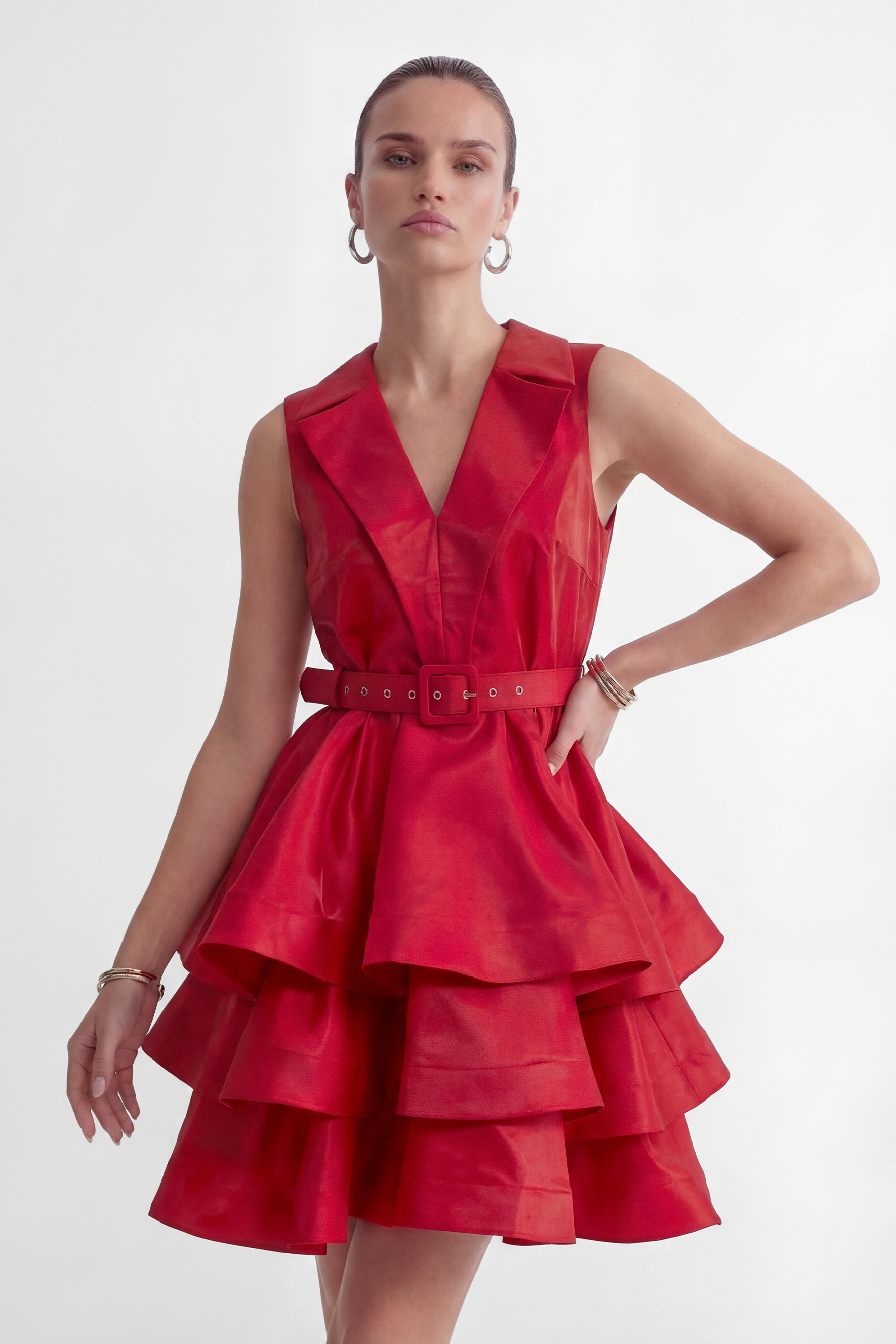 Stars Are Shining Red V-neck Tiered Ruffle Mini Dress-purelyfable