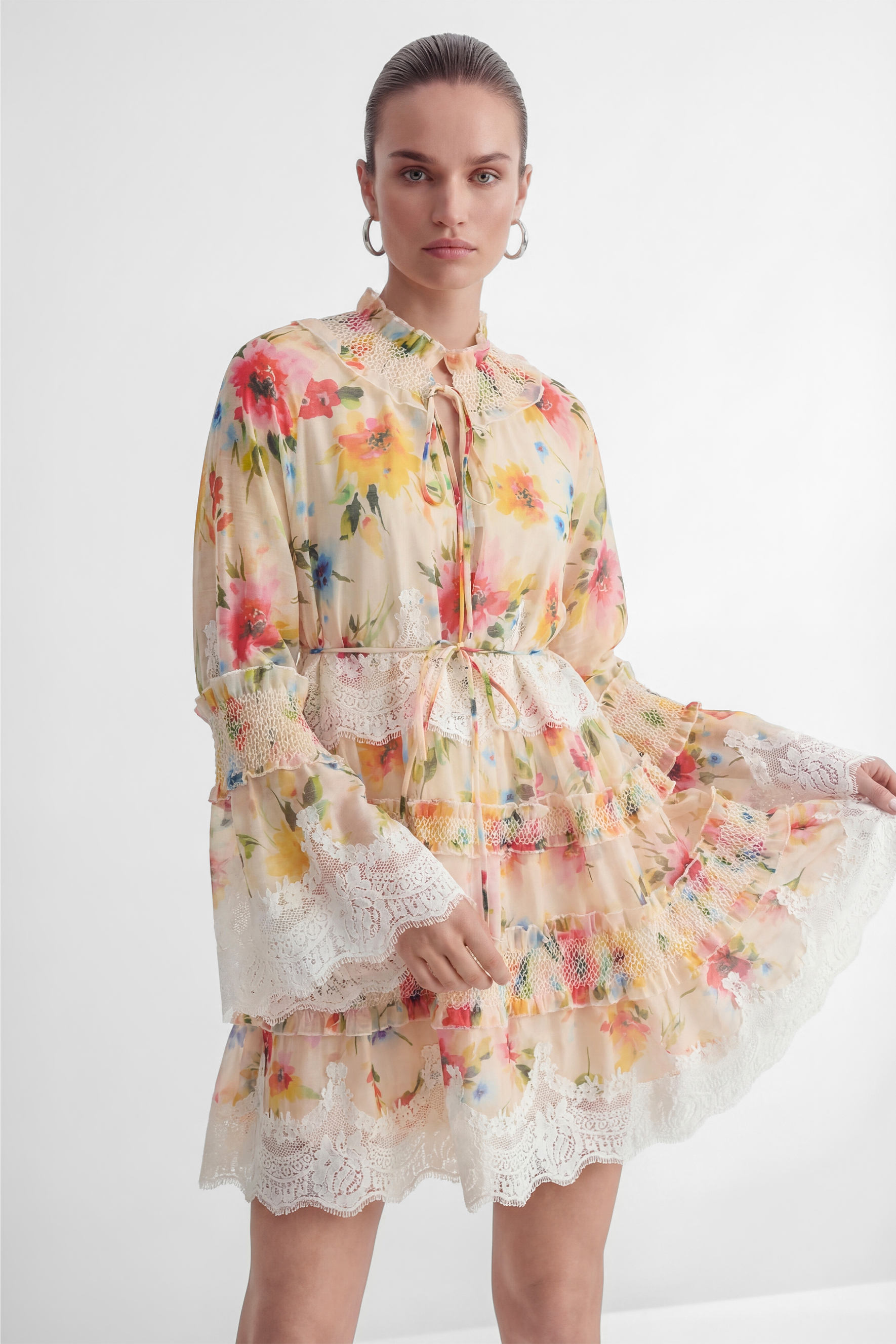 Soft Embrace Multi Floral Print Lace Trim Mini Dress-purelyfable