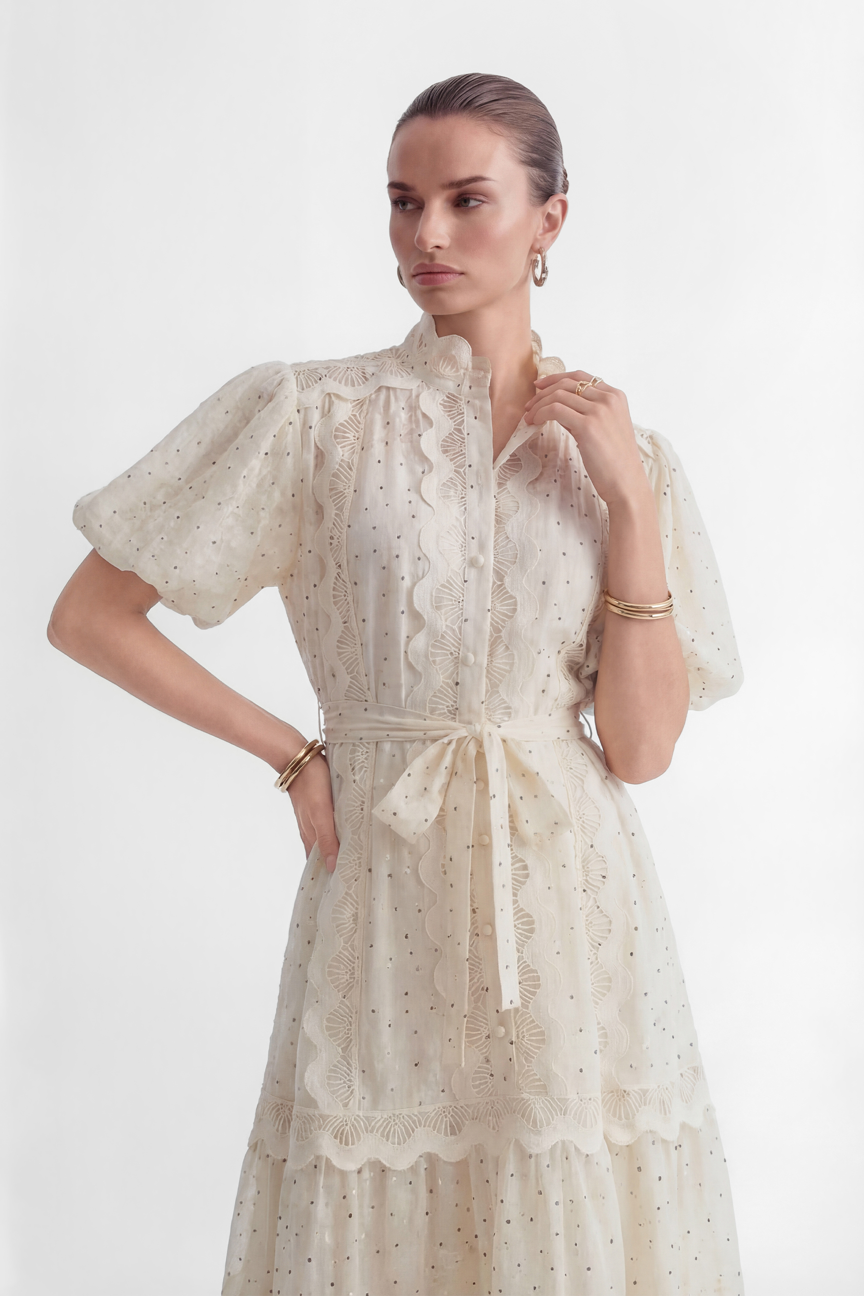Momentous Love Beige Lace Trim Polka Dot Maxi Dress-purelyfable