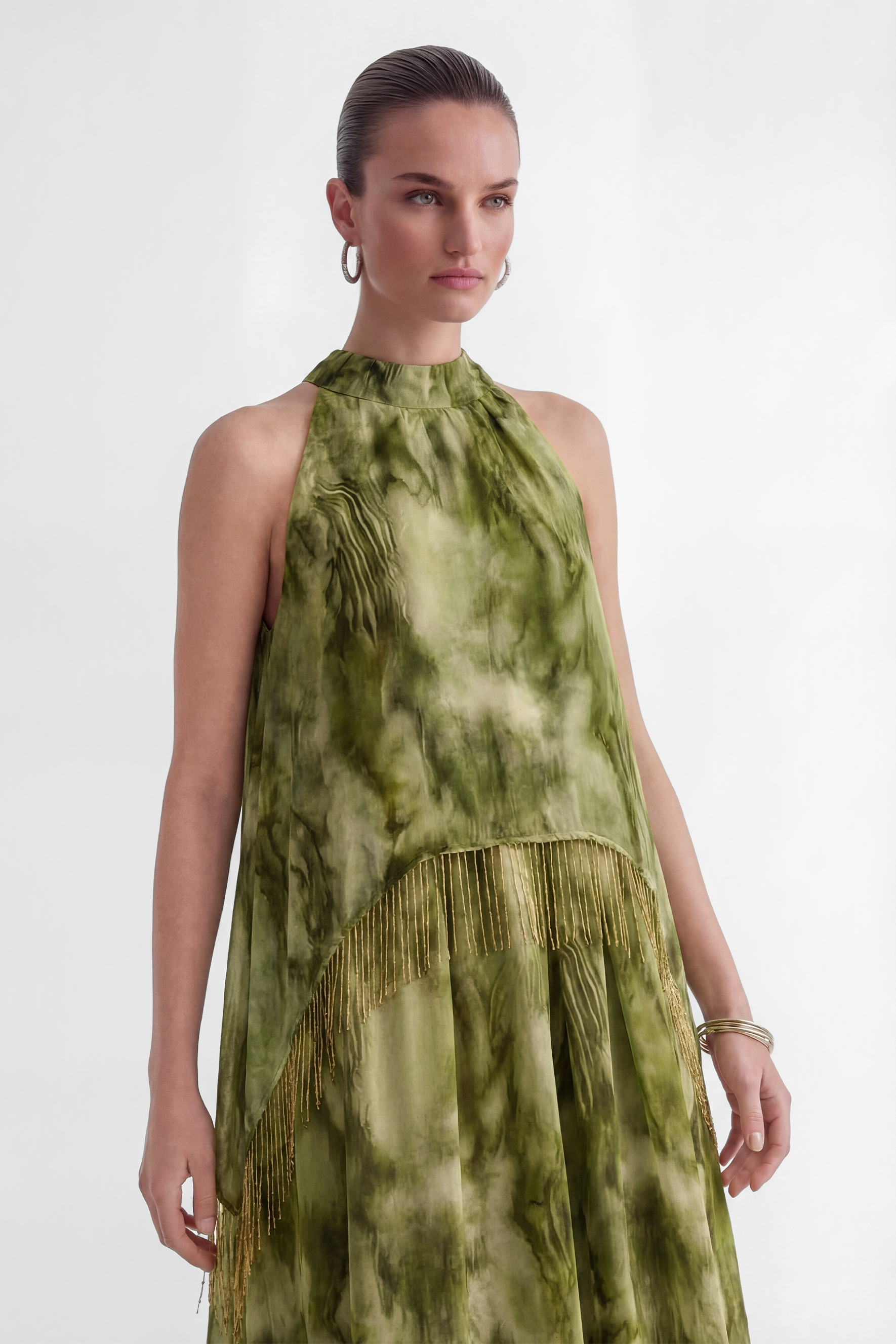 Pure Reverie Green Halter Neck Fringe Maxi Dress-purelyfable