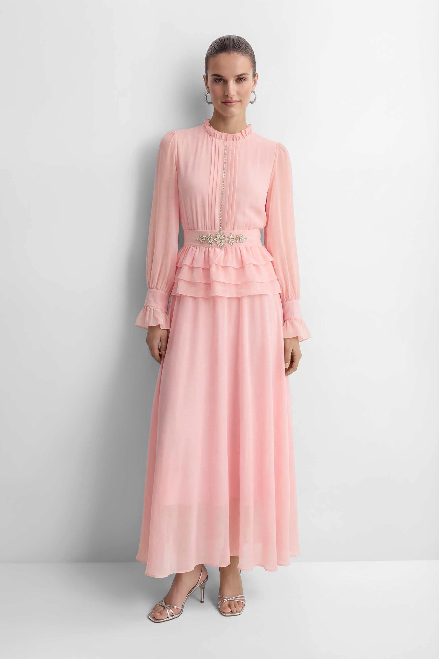 Sprinkle Of Sass Pink Rhinestone Belt Ruffled Maxi Dress-purelyfable