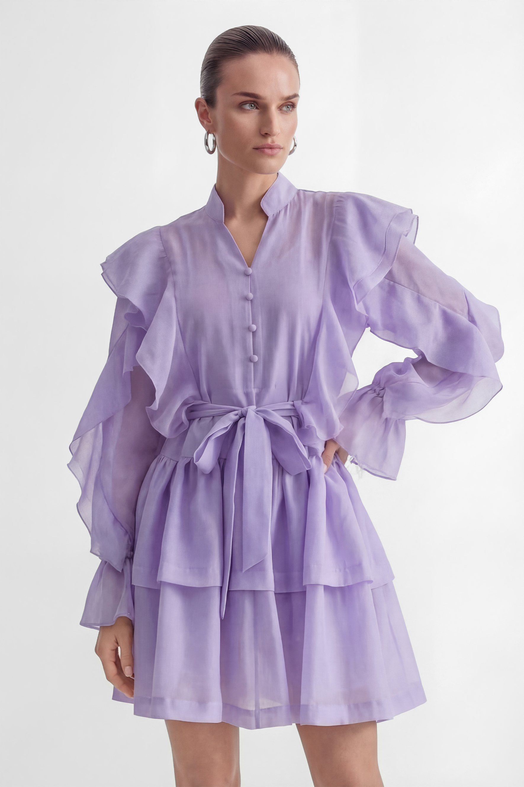 Soul Searching Lavender Ruffle Sleeve Tiered Mini Dress-purelyfable