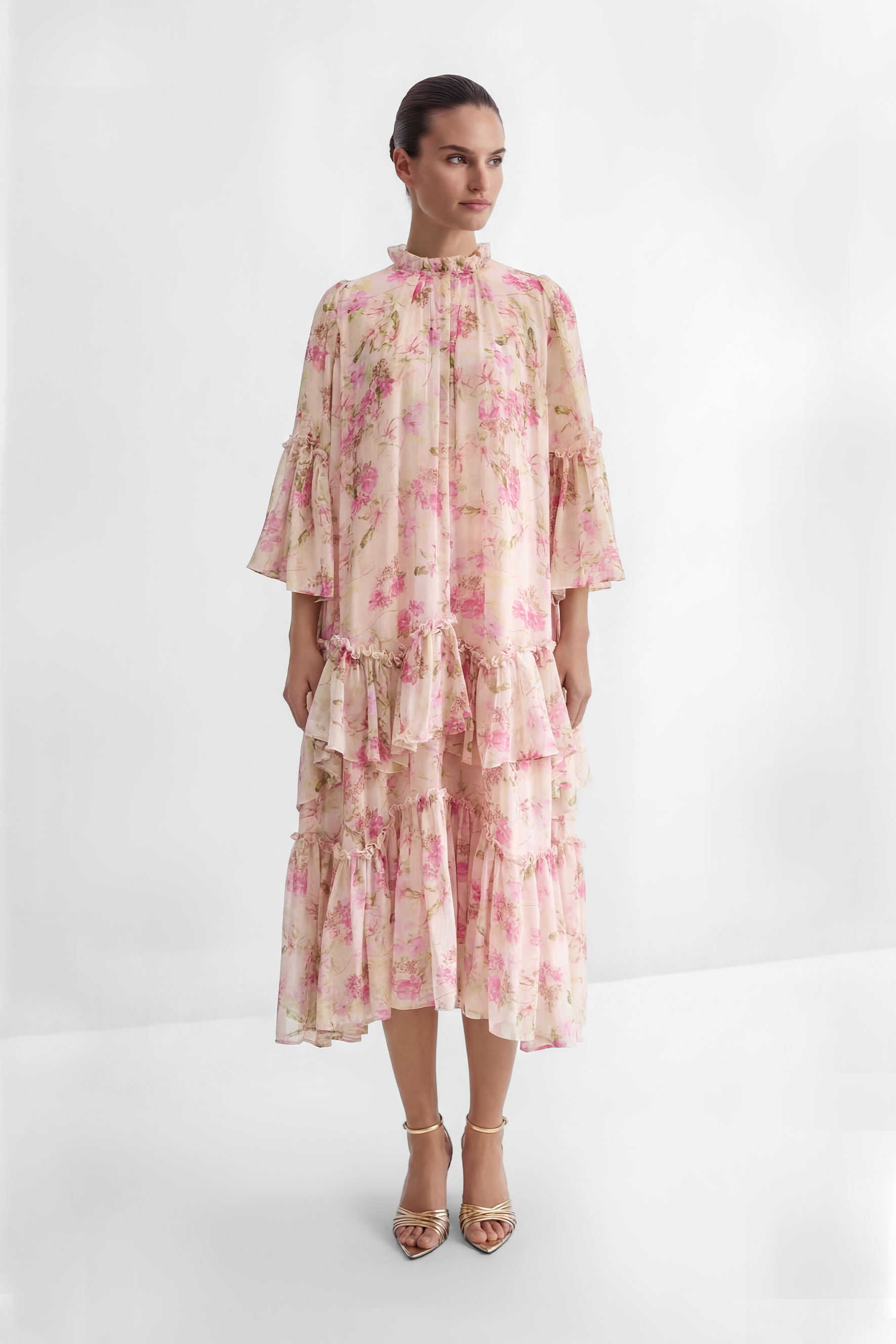 Dreamy Occasions Pink Floral Print Tiered Ruffle Maxi Dress-purelyfable