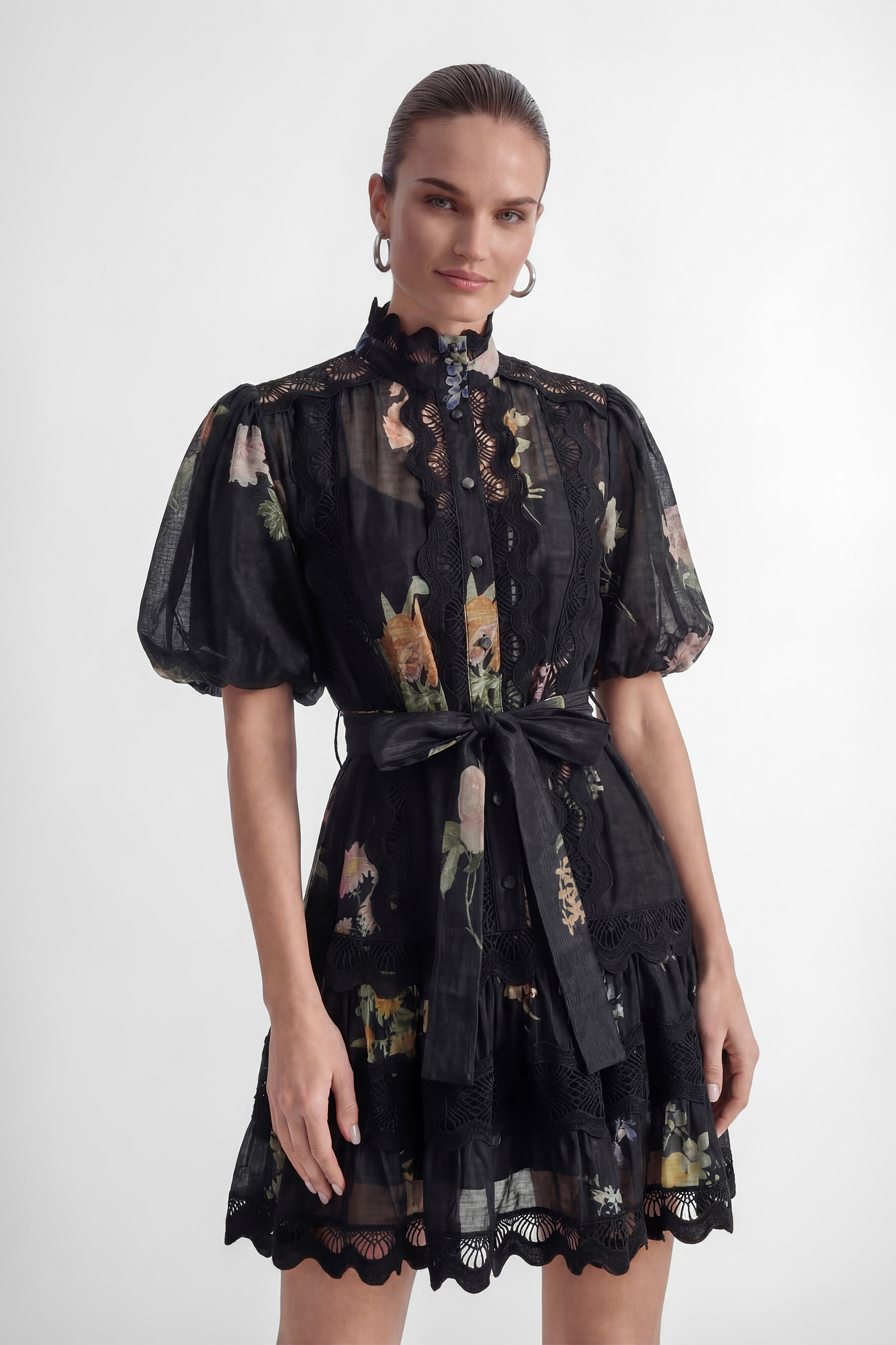 Radiance In The Dark Black Floral Print Lace Trim Mini Dress-purelyfable