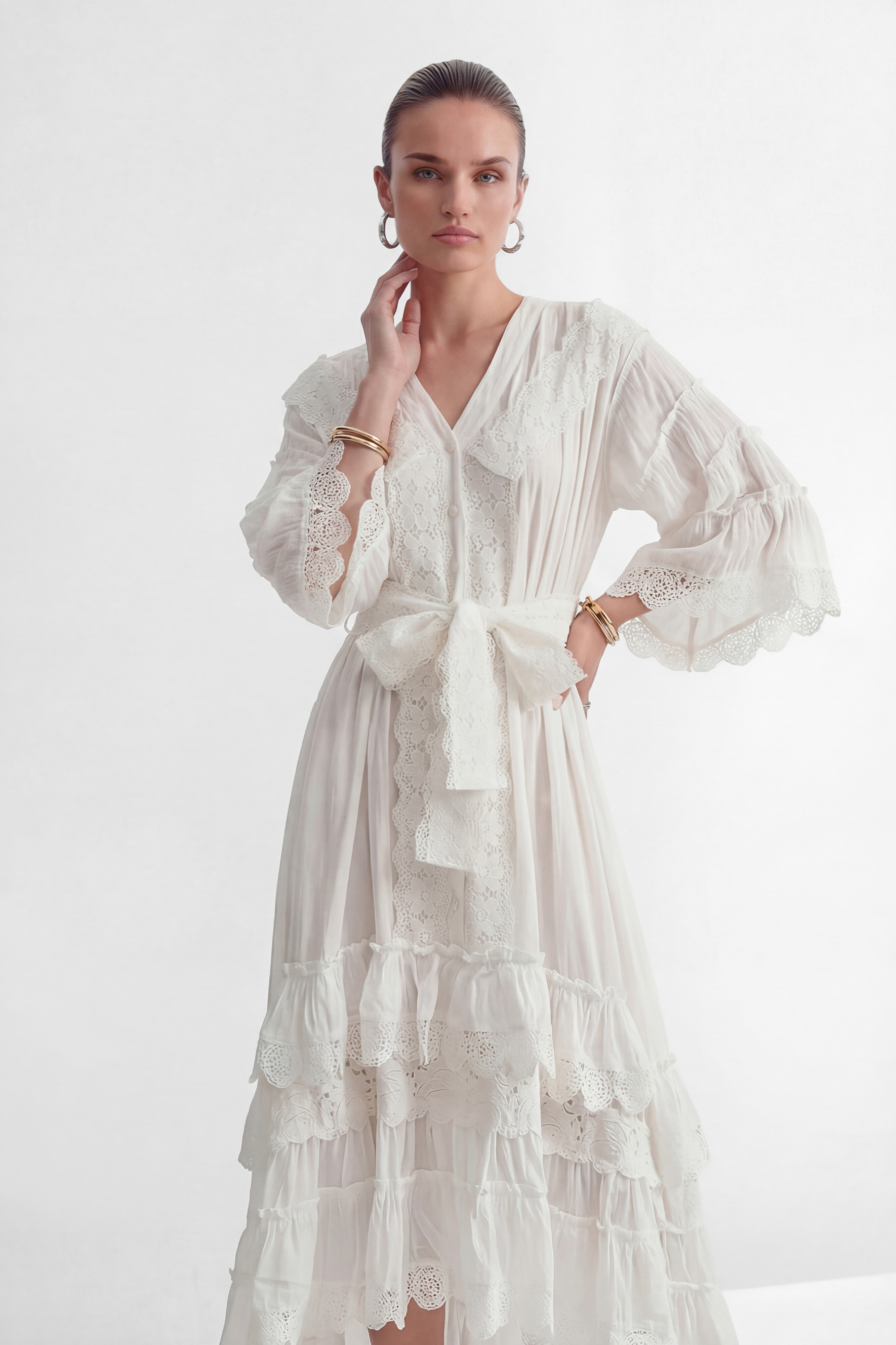 Own Your Power White V-Neck Ruffled Sleeve Maxi Dress-purelyfable