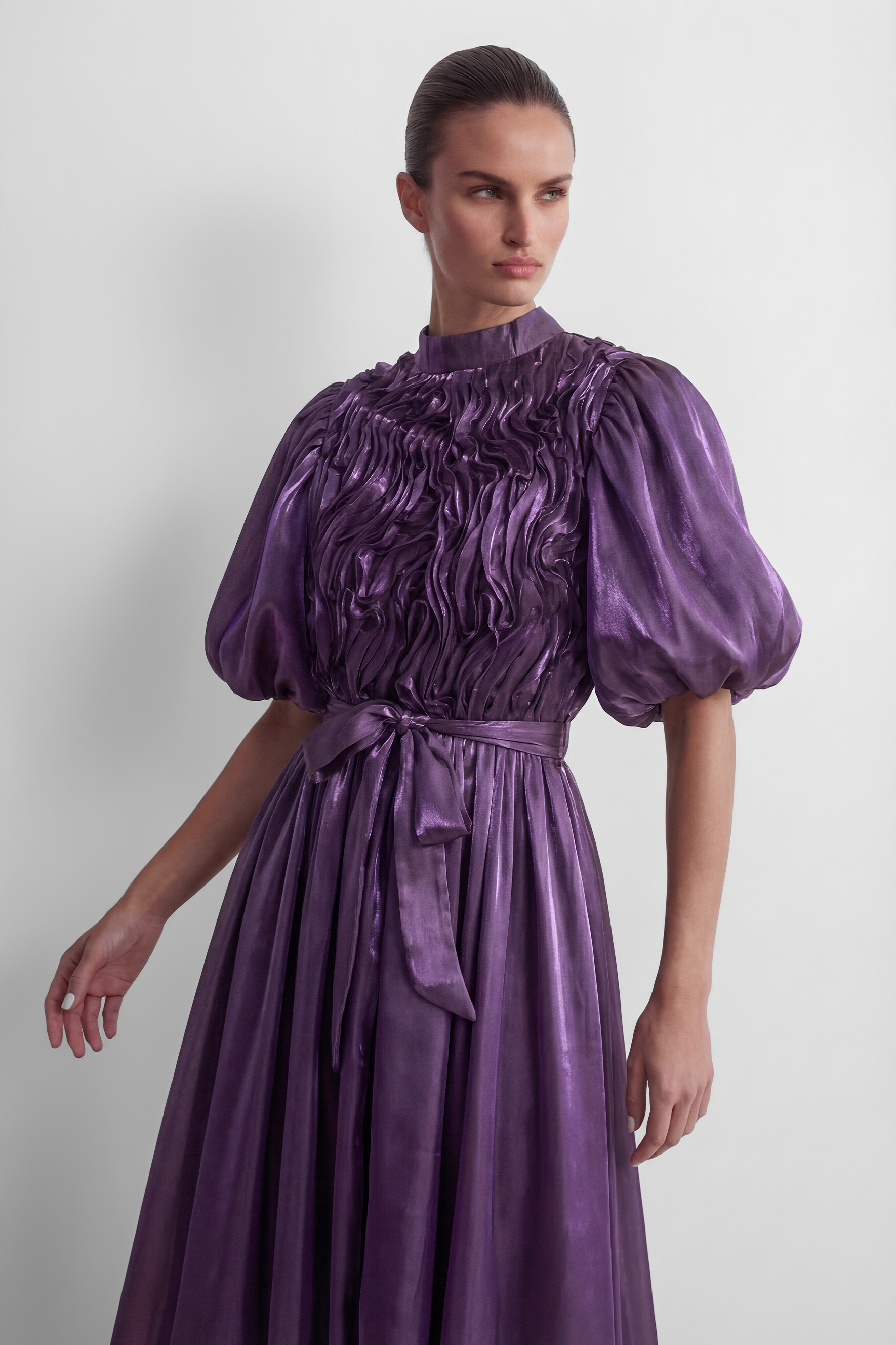 Graceful Darling Purple Ruffled Bodice Puff Sleeve Maxi Dress-purelyfable