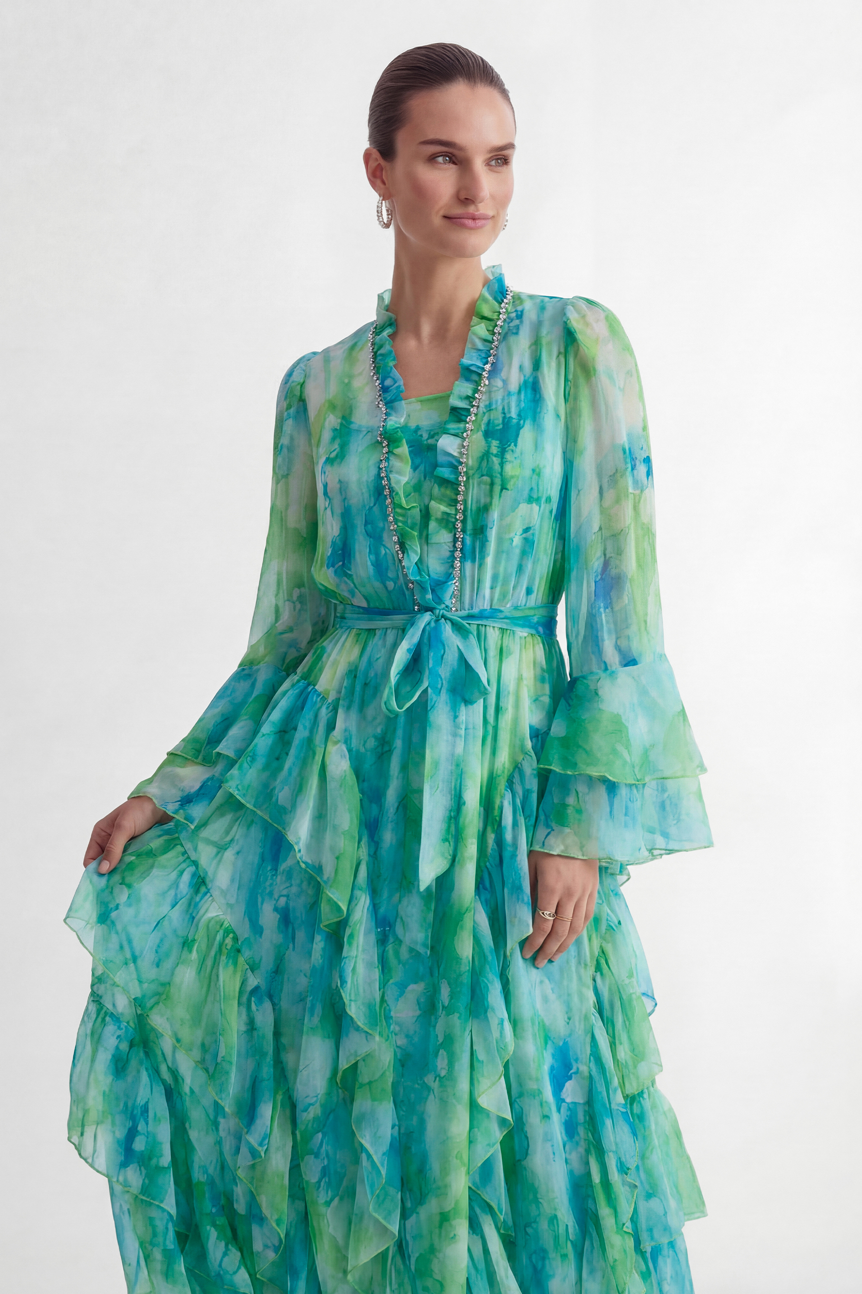 Vibes On Point Mint Green Abstract Print Tiered Ruffle Maxi Dress-purelyfable