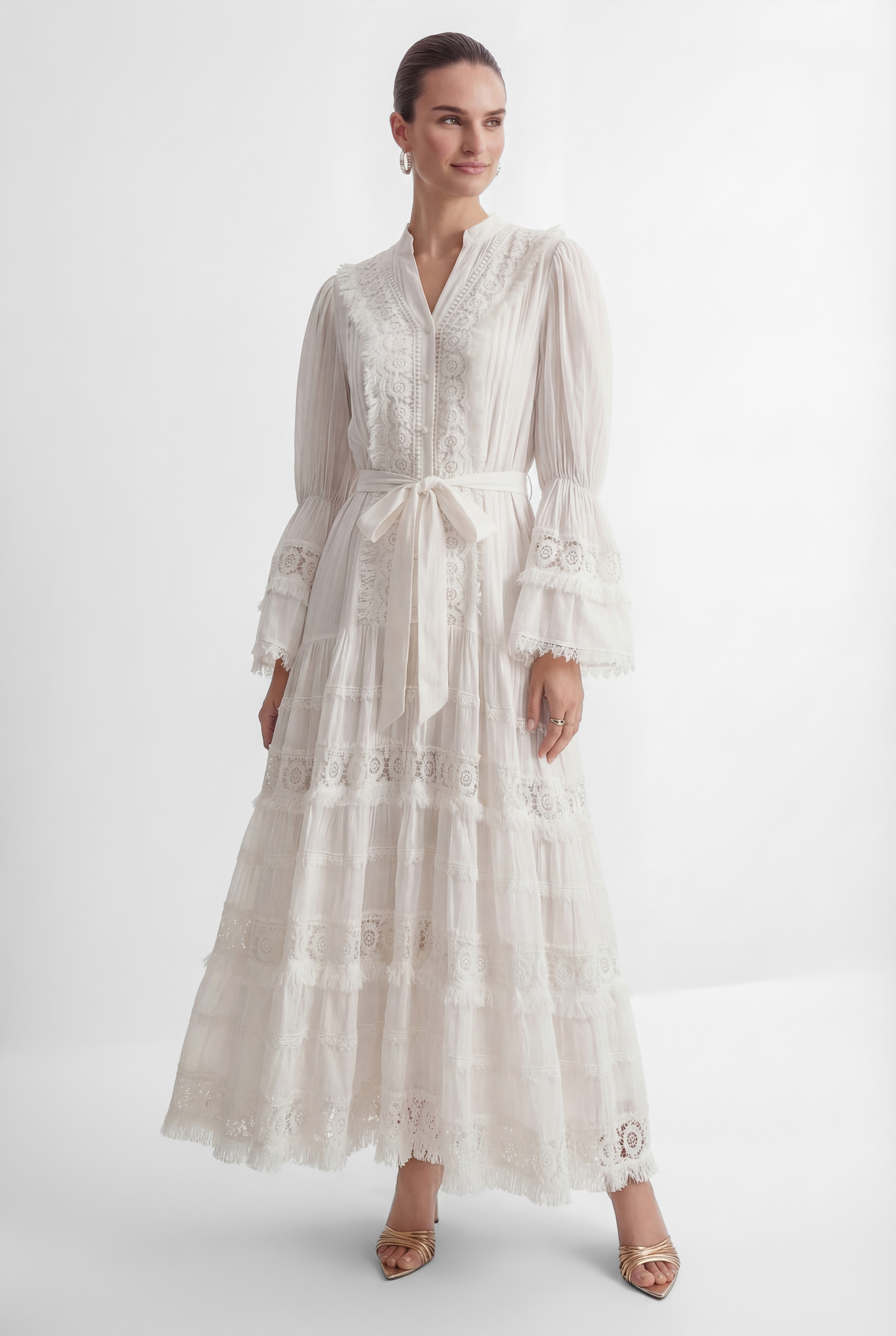 Graceful Darling White Floral Lace Bell Sleeve Maxi Dress-purelyfable
