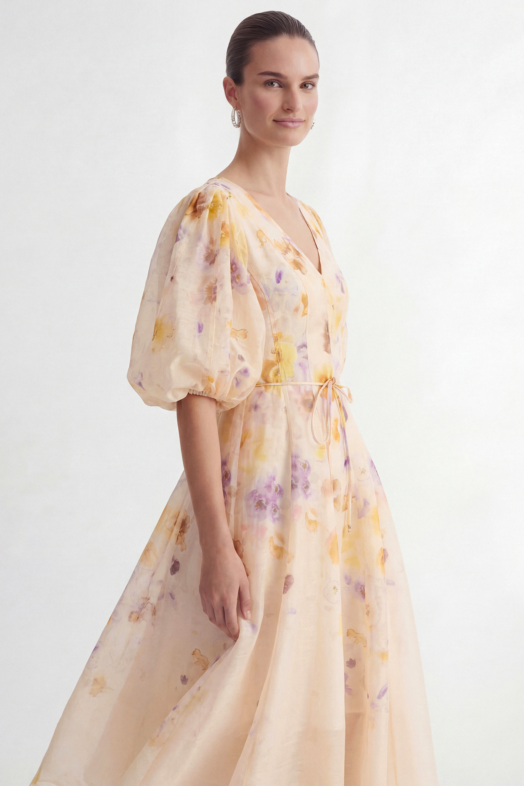 Summer Invite Apricot Floral Print Puff Sleeve Maxi Dress-purelyfable