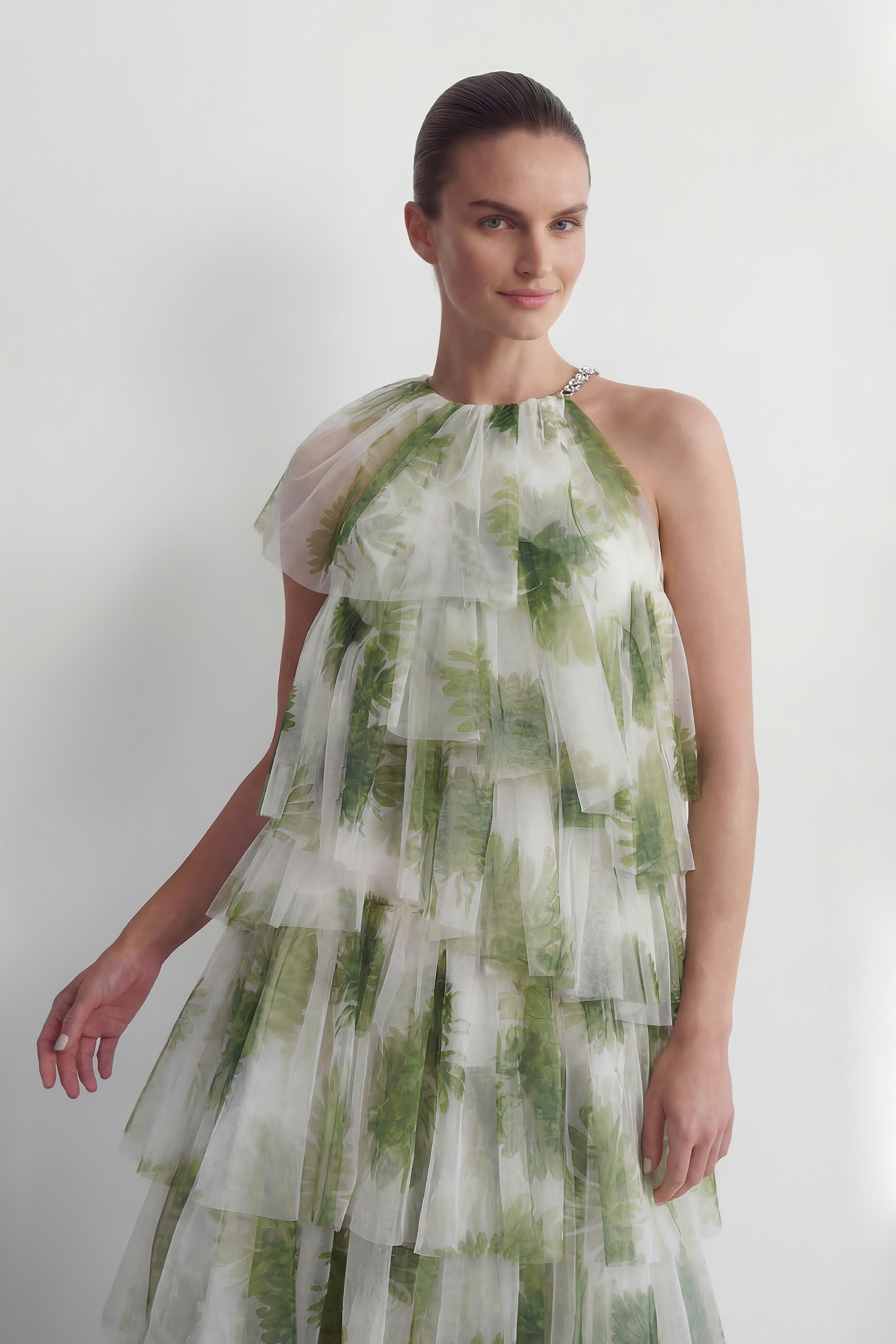 Garden Romance Green Leaf Print Tiered Tulle Maxi Dress-purelyfable