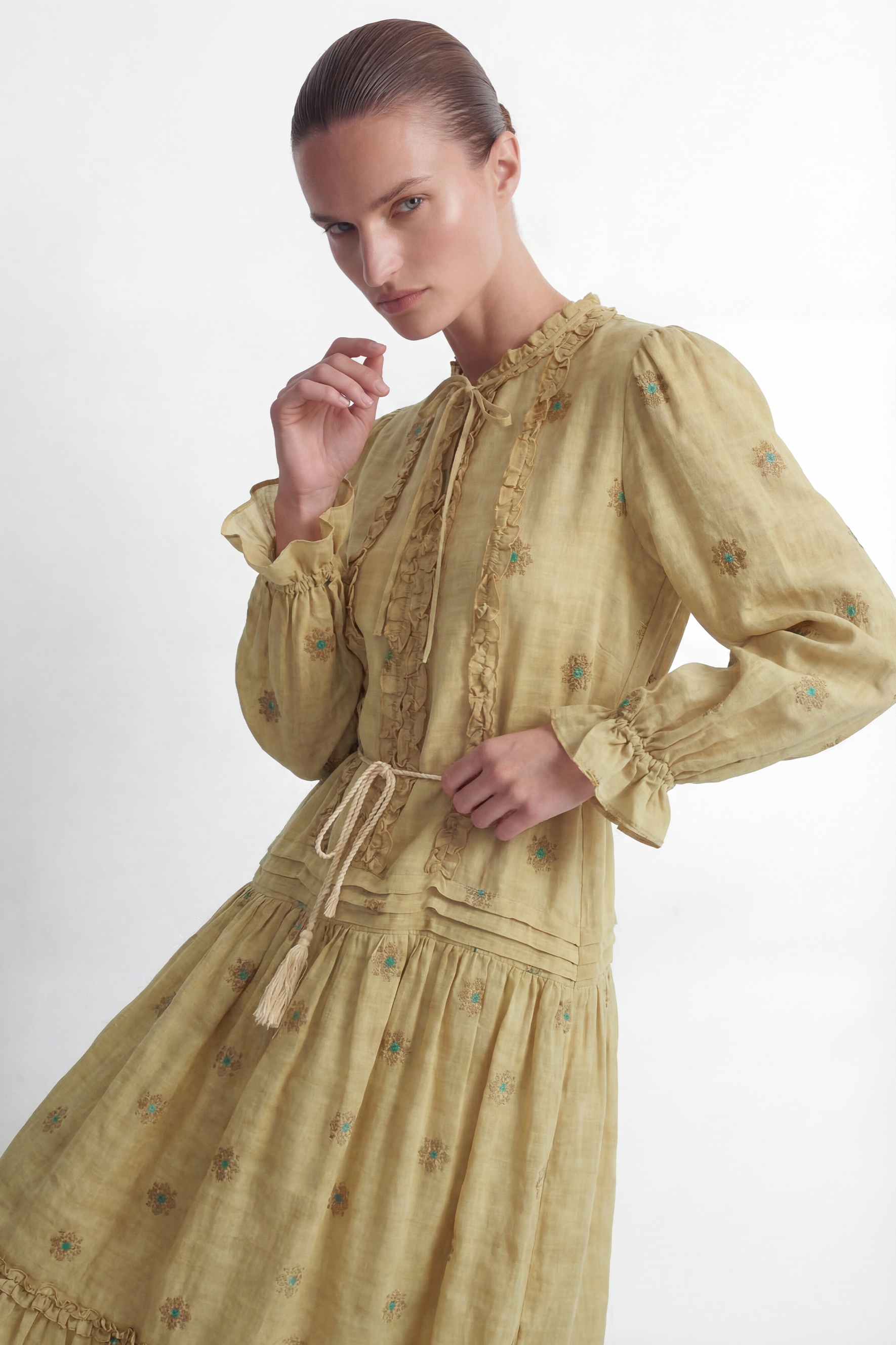 Romantic Affair Khaki Embroidered Floral Tiered Maxi Dress-purelyfable