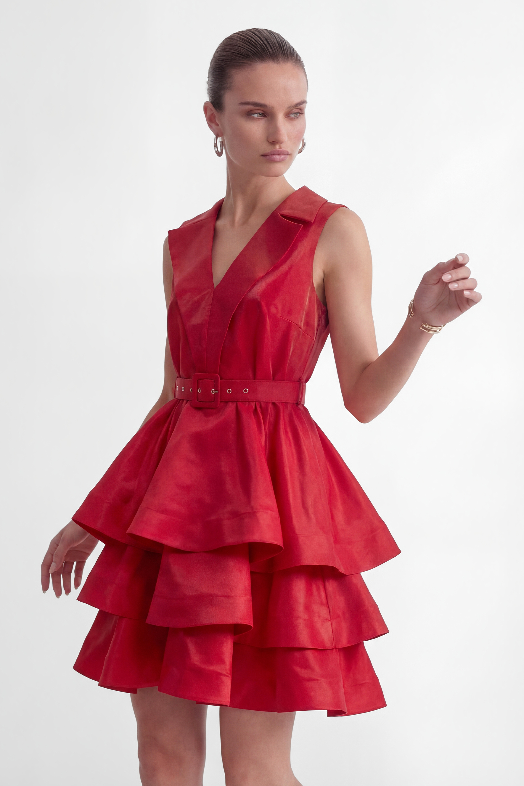 Stars Are Shining Red V-neck Tiered Ruffle Mini Dress-purelyfable