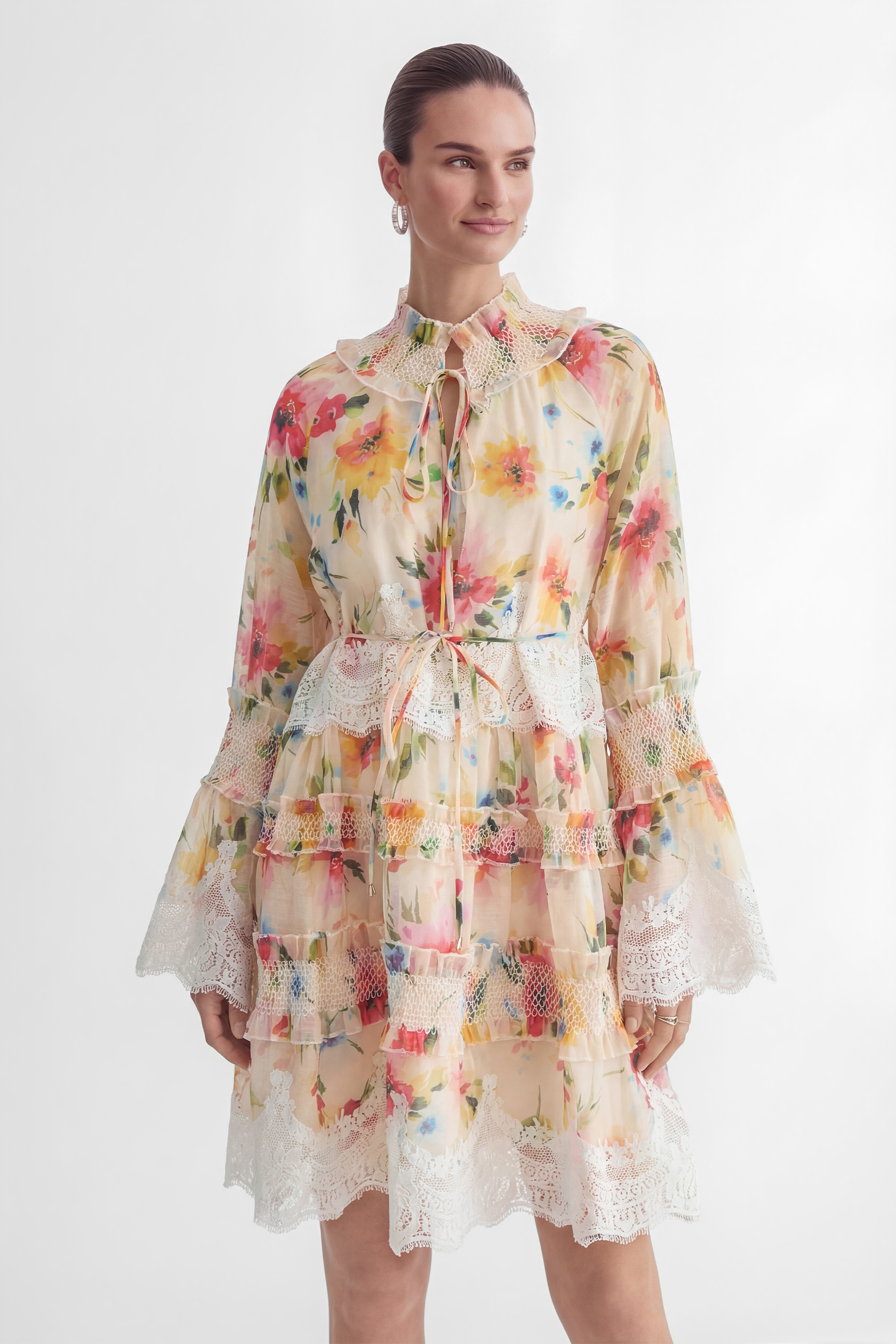 Soft Embrace Multi Floral Print Lace Trim Mini Dress-purelyfable