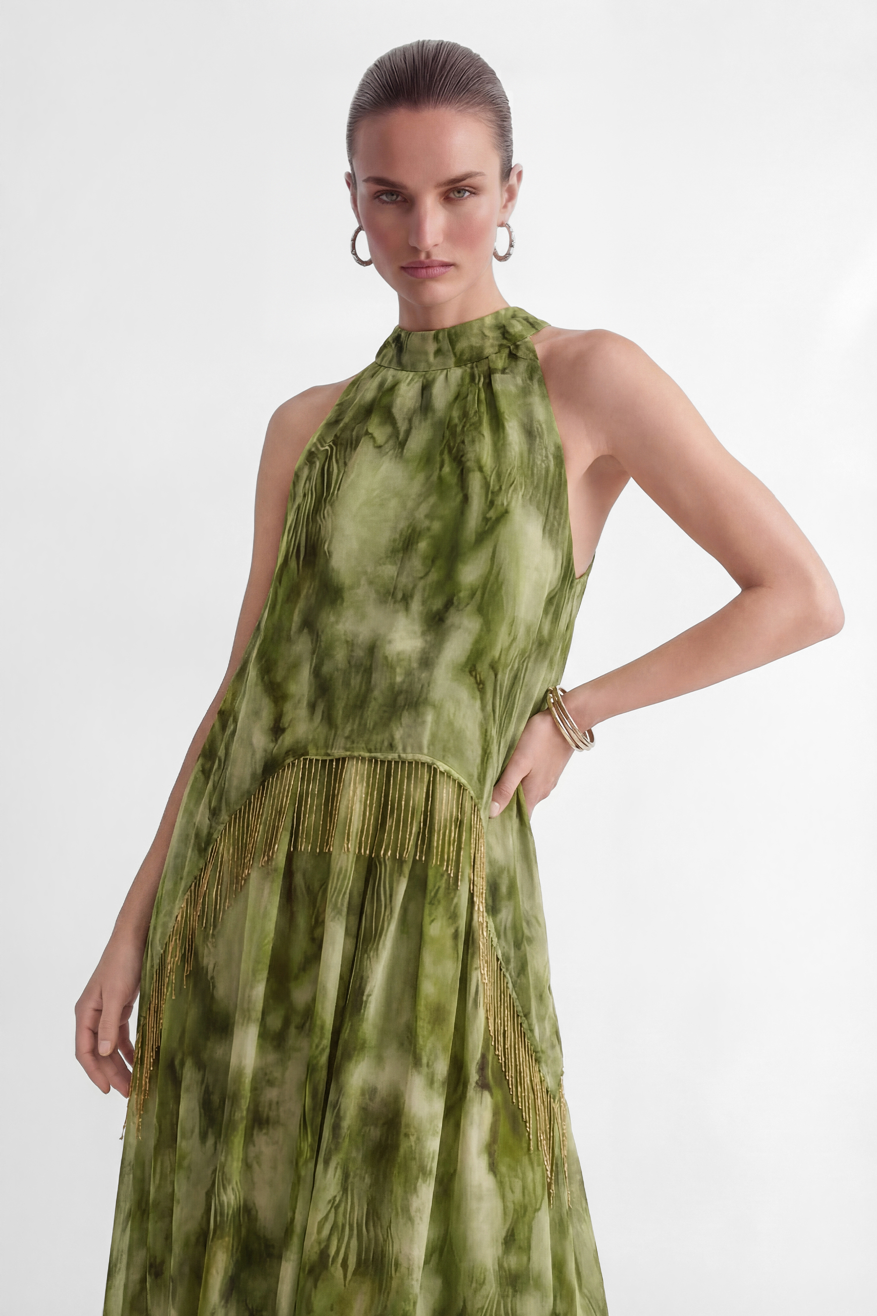 Pure Reverie Green Halter Neck Fringe Maxi Dress-purelyfable