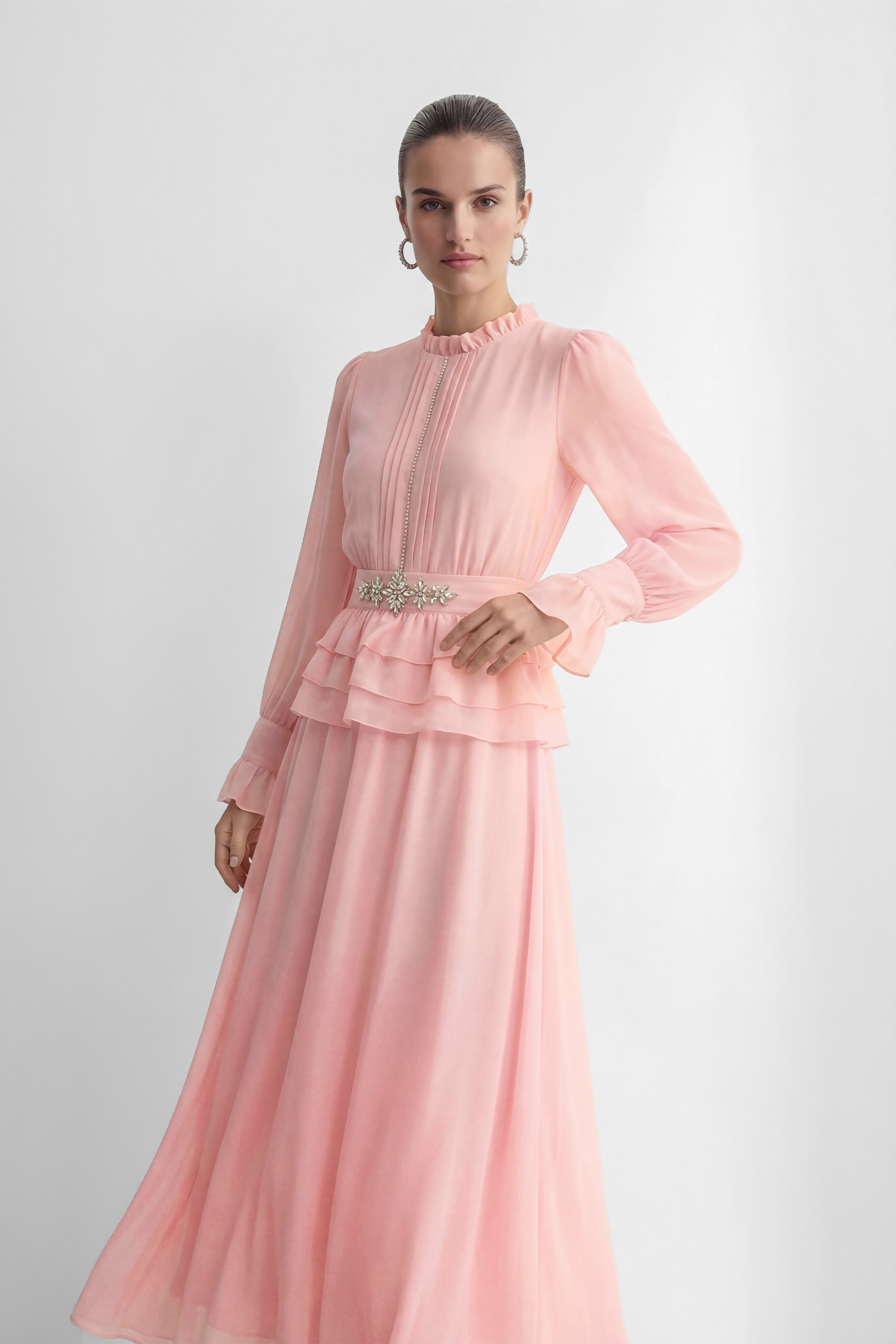 Sprinkle Of Sass Pink Rhinestone Belt Ruffled Maxi Dress-purelyfable