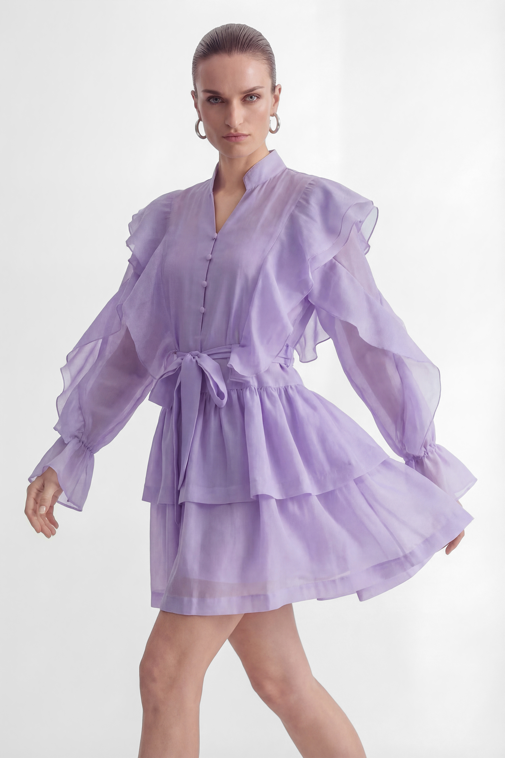 Soul Searching Lavender Ruffle Sleeve Tiered Mini Dress-purelyfable