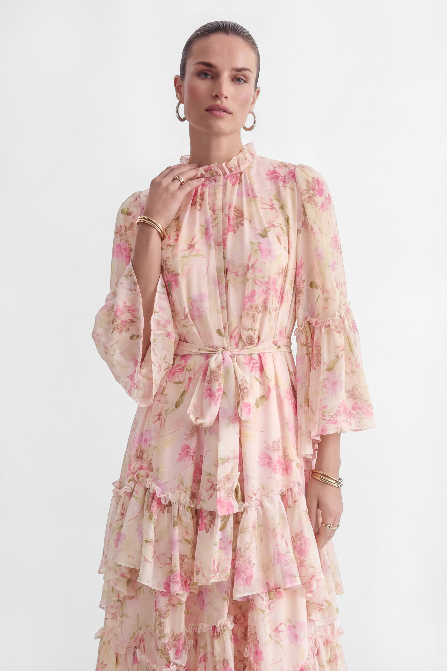 Dreamy Occasions Pink Floral Print Tiered Ruffle Maxi Dress-purelyfable