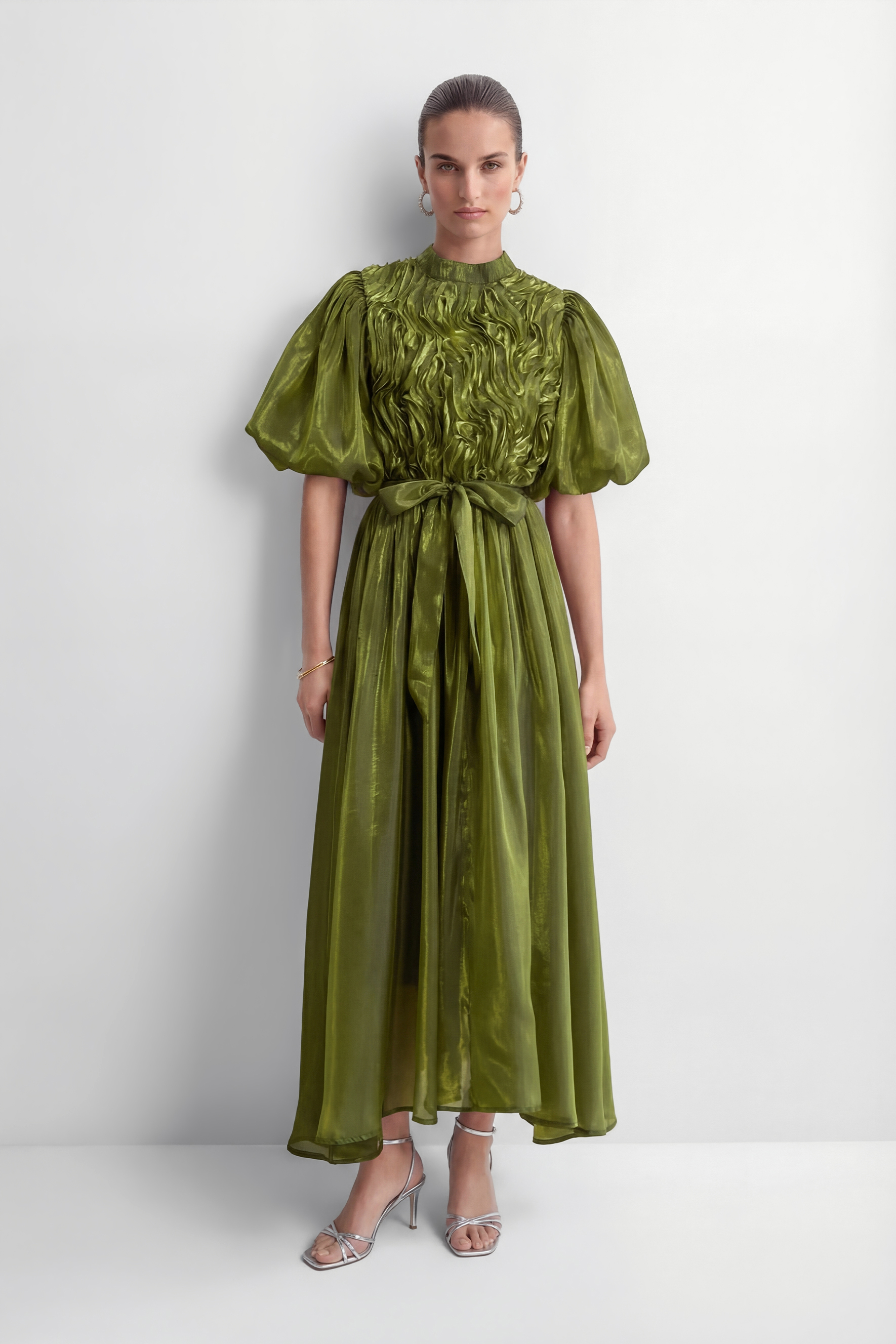 Graceful Darling Green Ruffled Bodice Puff Sleeve Maxi Dress-purelyfable