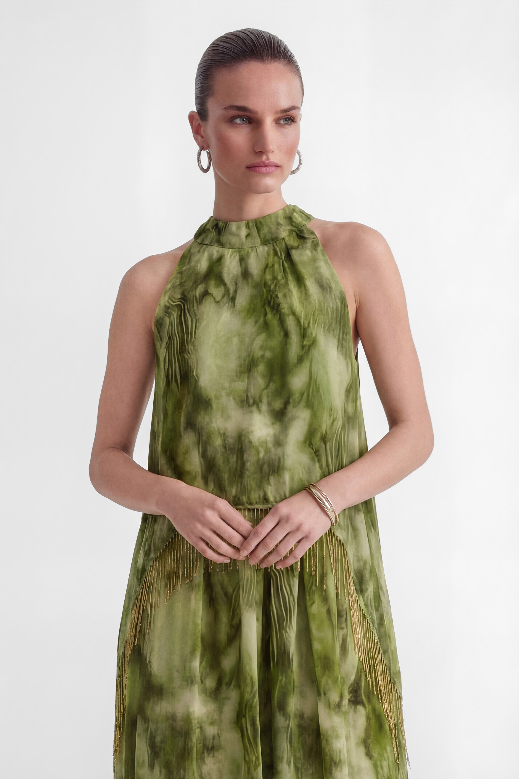 Pure Reverie Green Halter Neck Fringe Maxi Dress-purelyfable