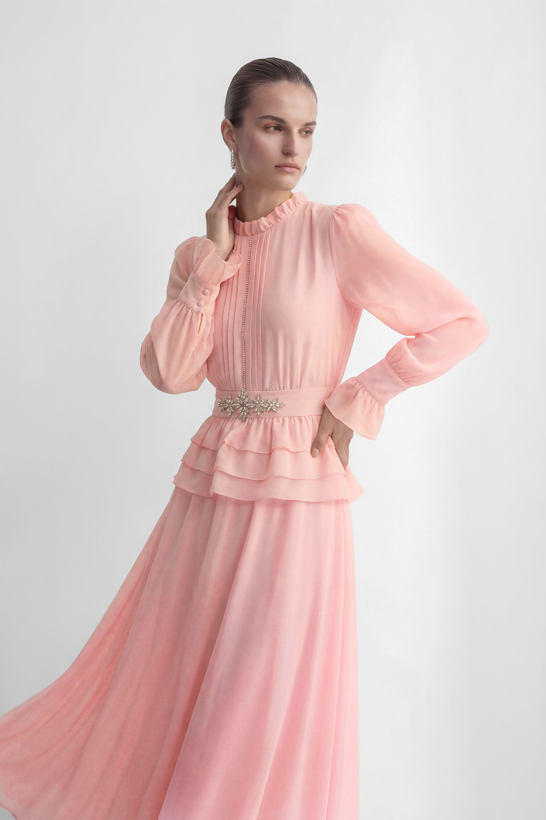 Sprinkle Of Sass Pink Rhinestone Belt Ruffled Maxi Dress-purelyfable