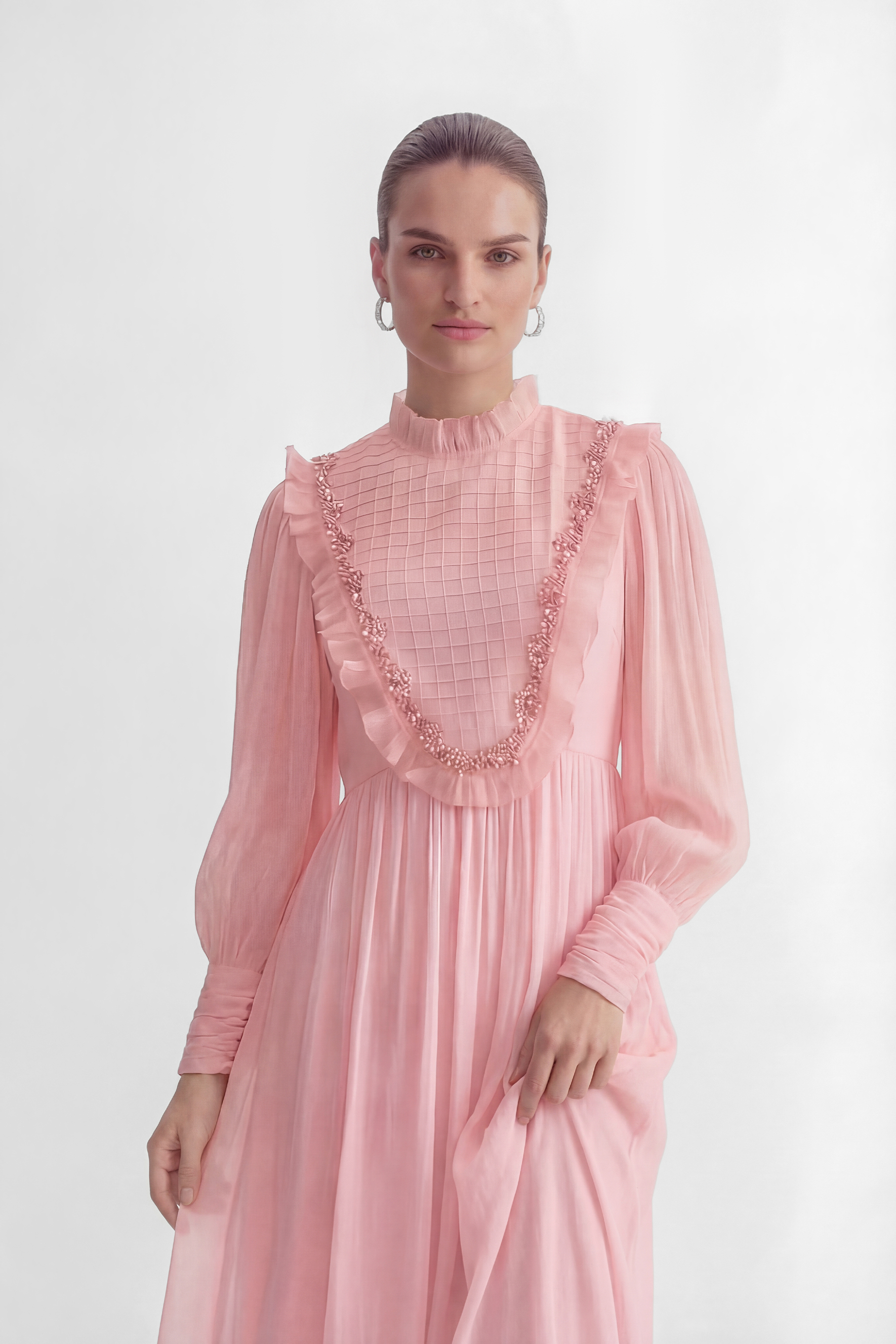 Wanna Know Your Name Pink Beaded Ruffle Trim Maxi Dress-purelyfable