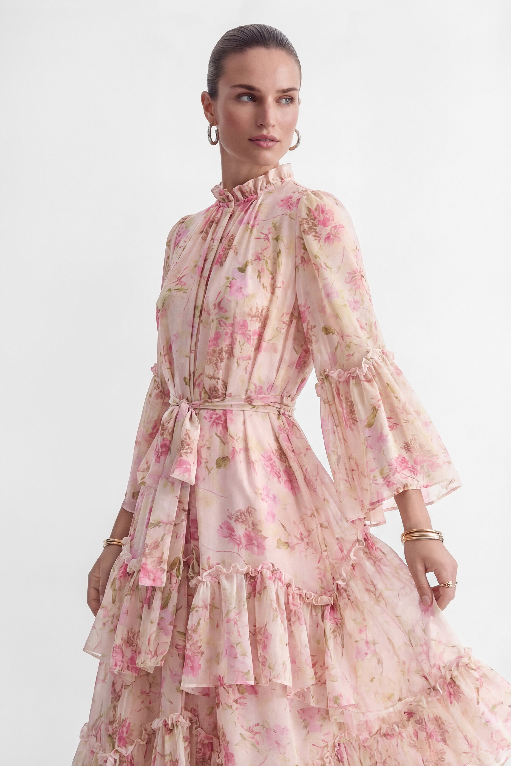 Dreamy Occasions Pink Floral Print Tiered Ruffle Maxi Dress-purelyfable