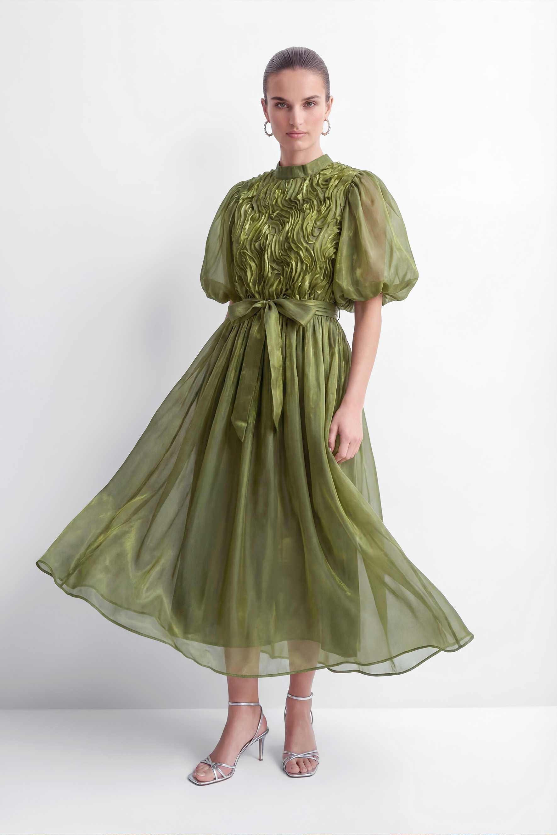 Graceful Darling Green Ruffled Bodice Puff Sleeve Maxi Dress-purelyfable