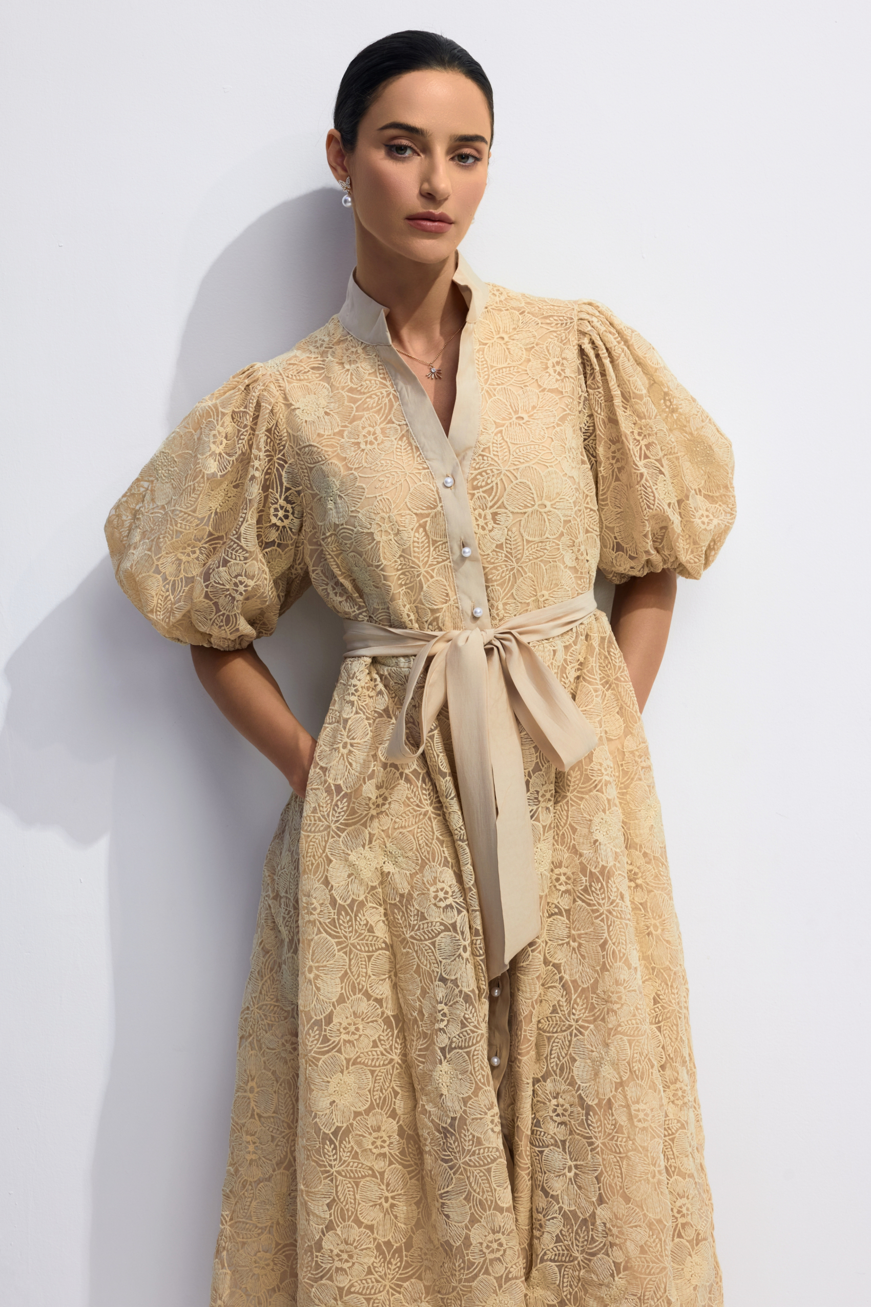 Diana Floral Embroidered Lace Belted Midi Dress-purelyfable