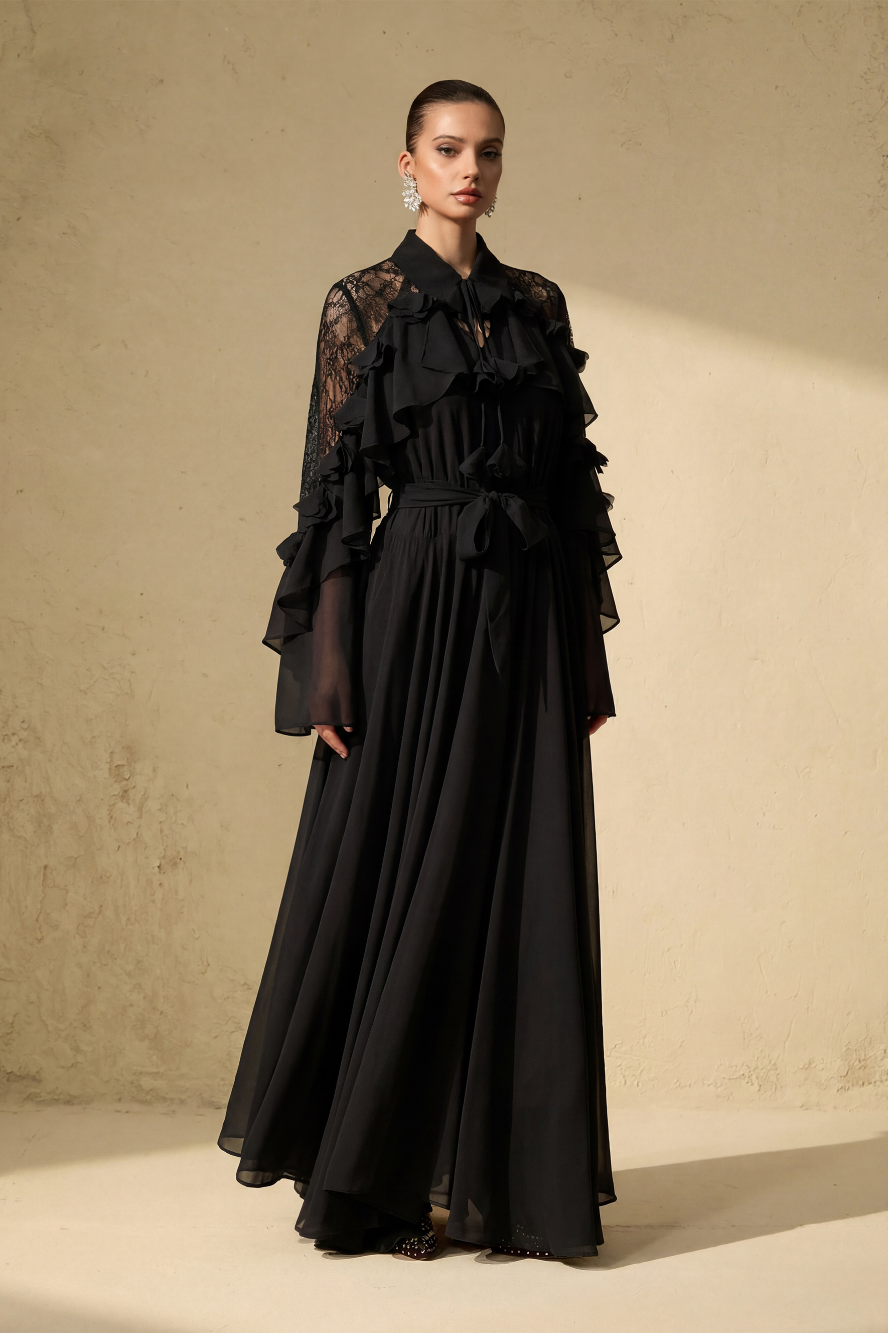 Beautiful Aura Sheer Lace Ruffled Sleeve Maxi Dress-purelyfable
