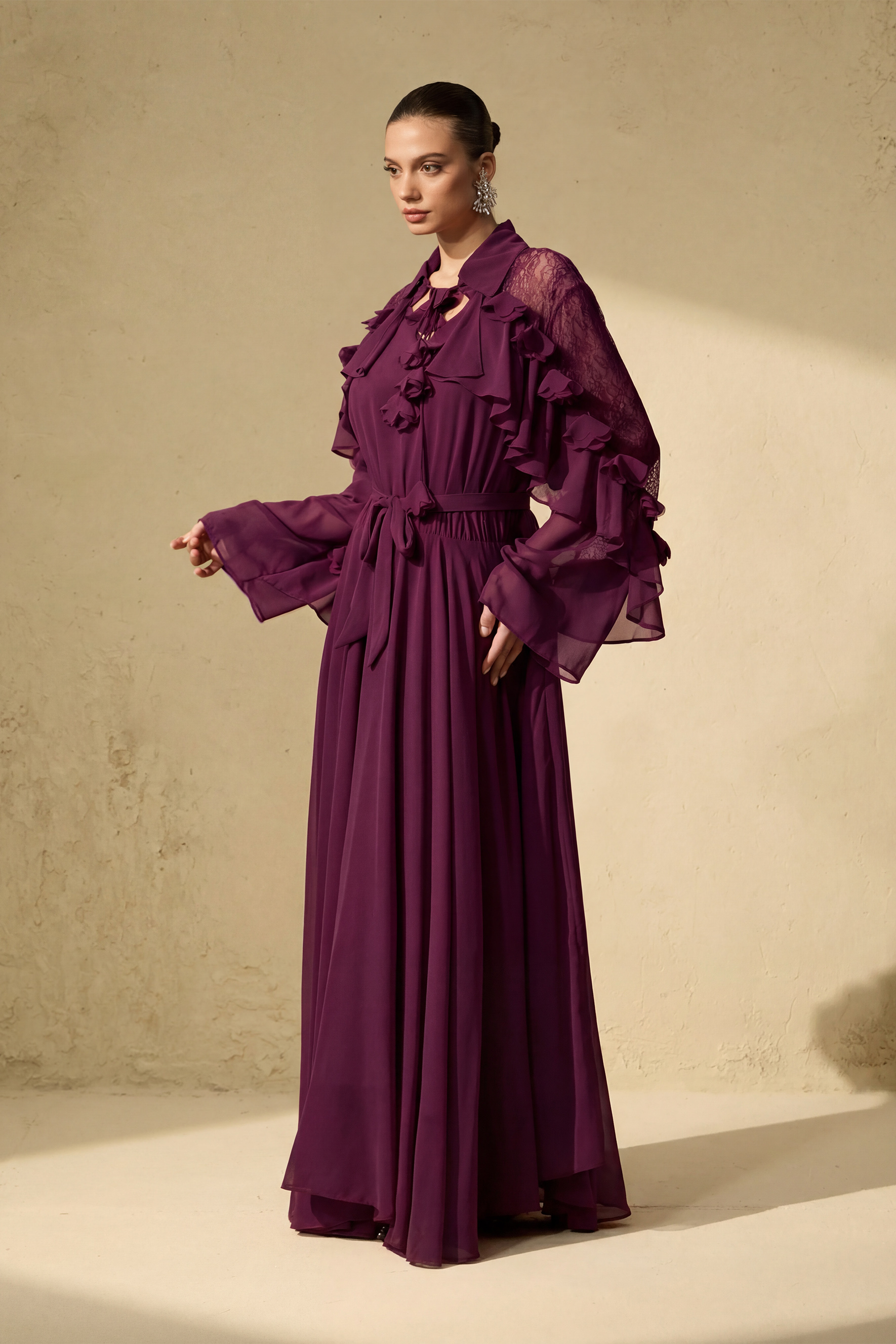 Beautiful Aura Sheer Lace Ruffled Sleeve Maxi Dress-purelyfable