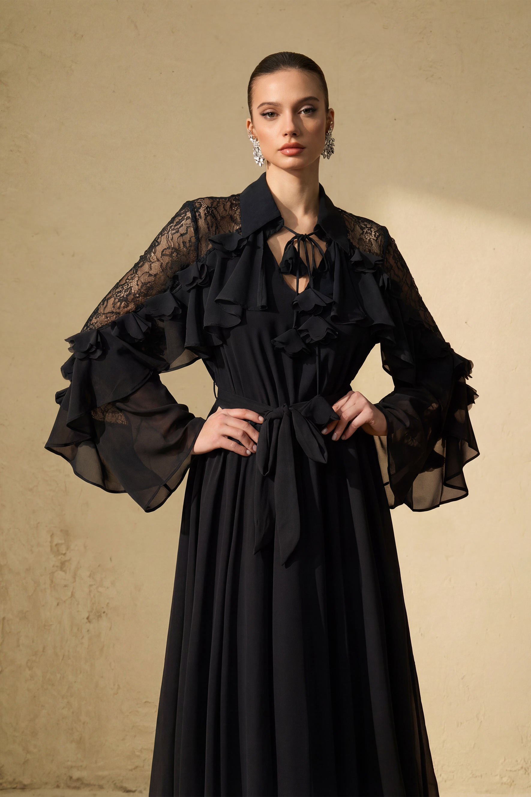 Beautiful Aura Sheer Lace Ruffled Sleeve Maxi Dress-purelyfable