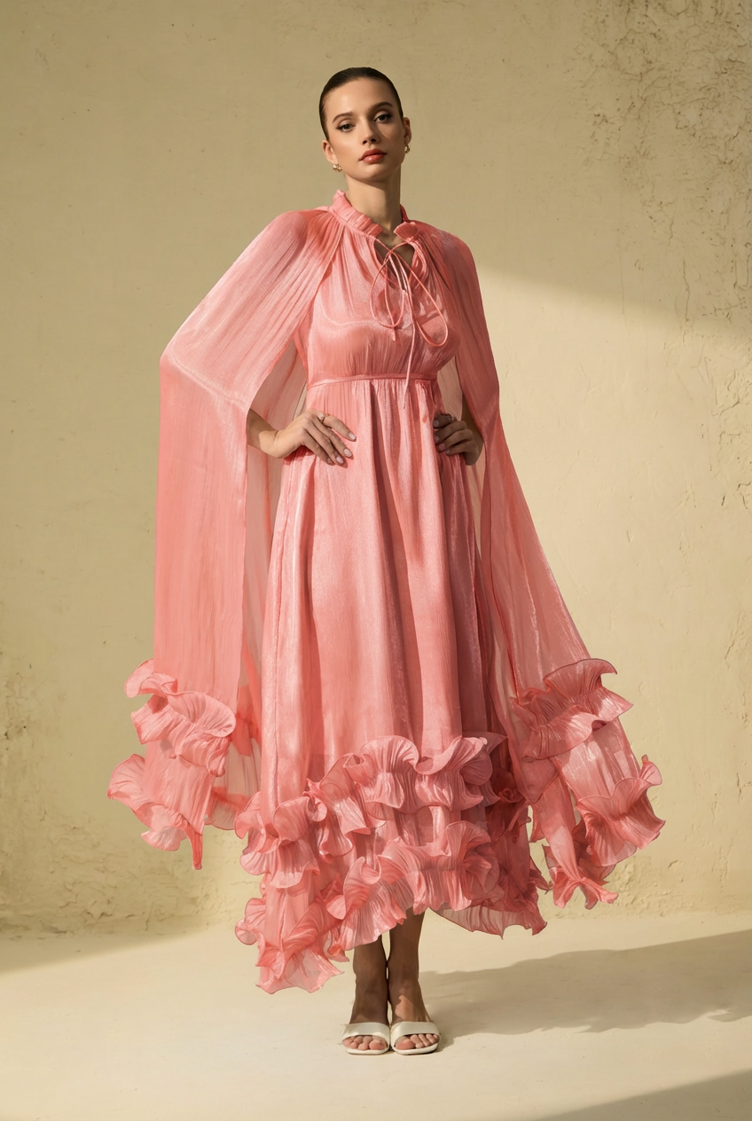 Shirley Pink Cape-effect Ruffled Midi Dress-purelyfable