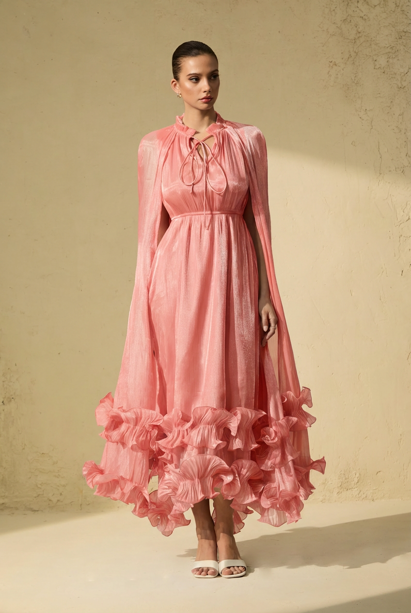 Shirley Pink Cape-effect Ruffled Midi Dress-purelyfable
