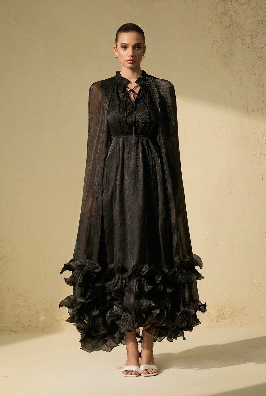 Shirley Black Cape-effect Ruffled Midi Dress-purelyfable