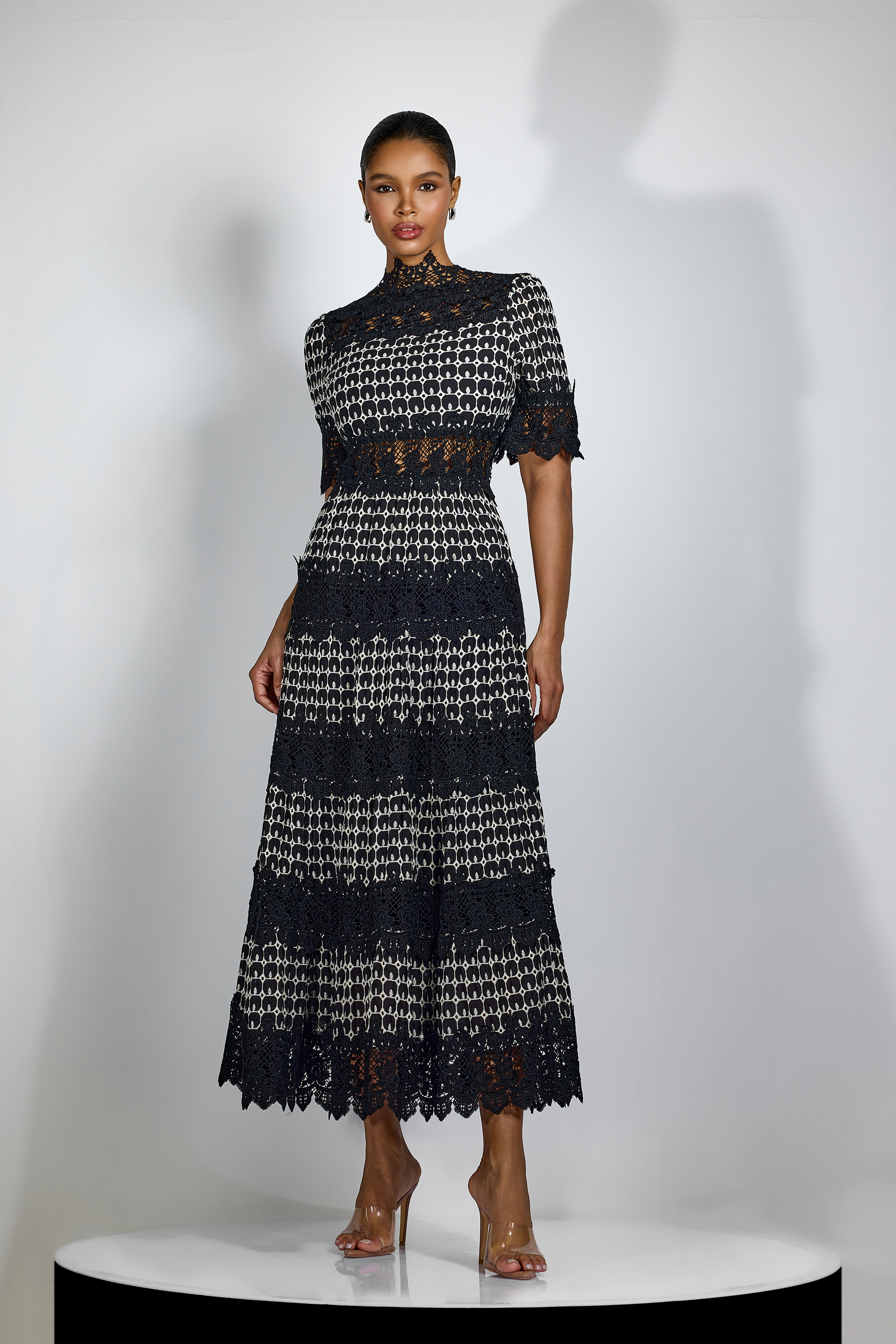 Sabrina Embroidered Lace Short Sleeve Midi Dress-purelyfable