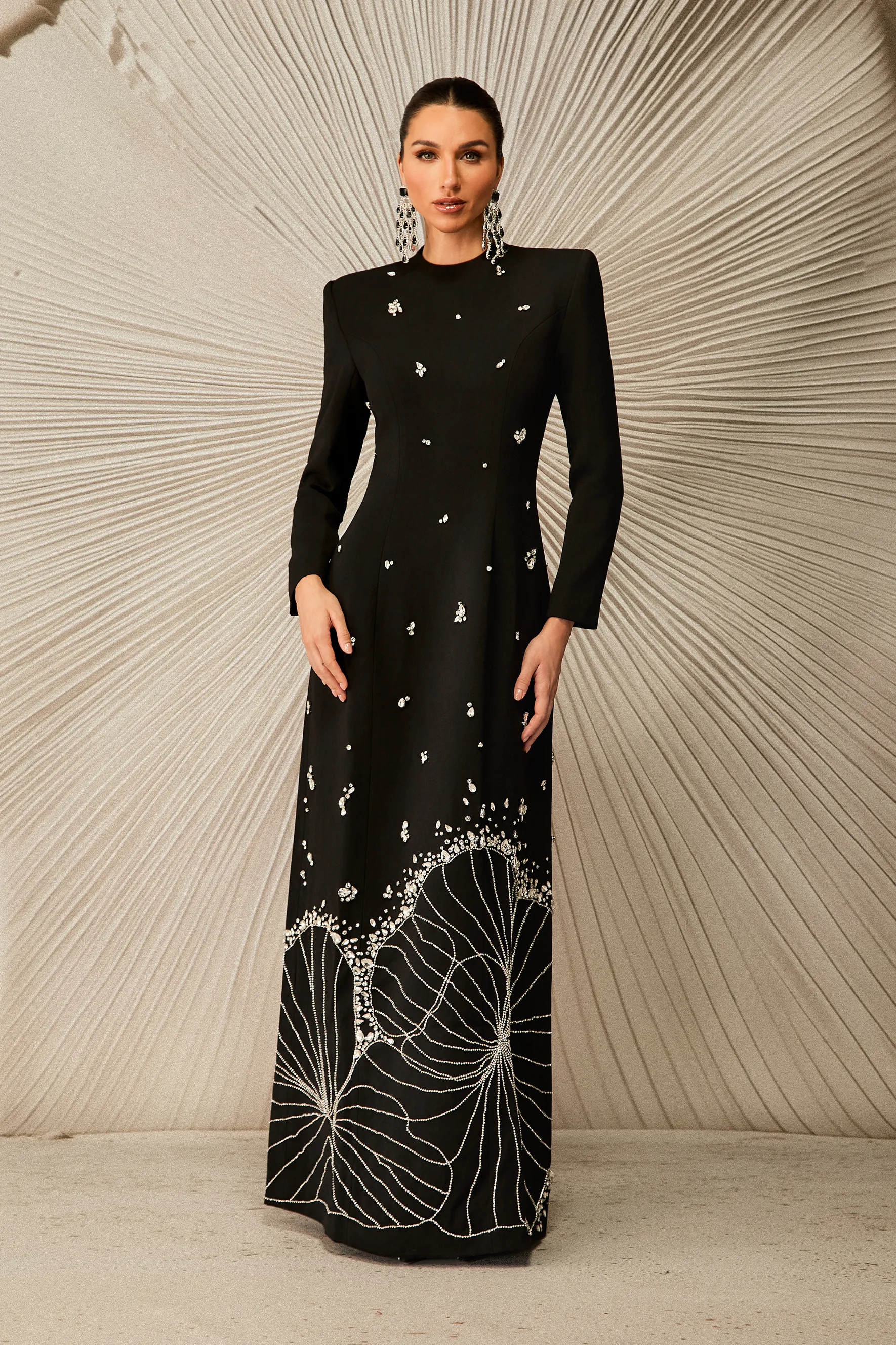 Virginia Long Sleeve Diamond Embellished Maxi Dress