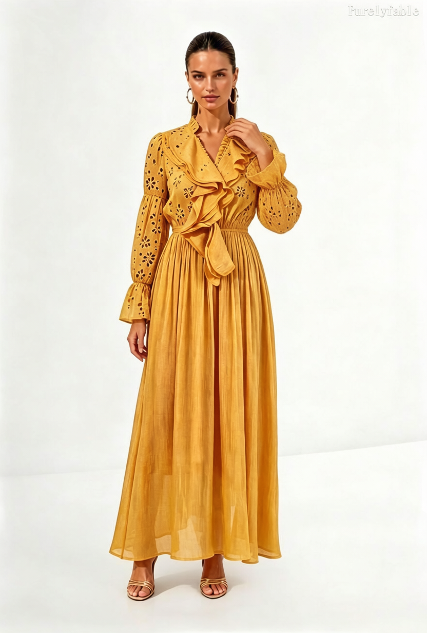 Giselle Yellow Ruffled V-neck Hollow Out Dress